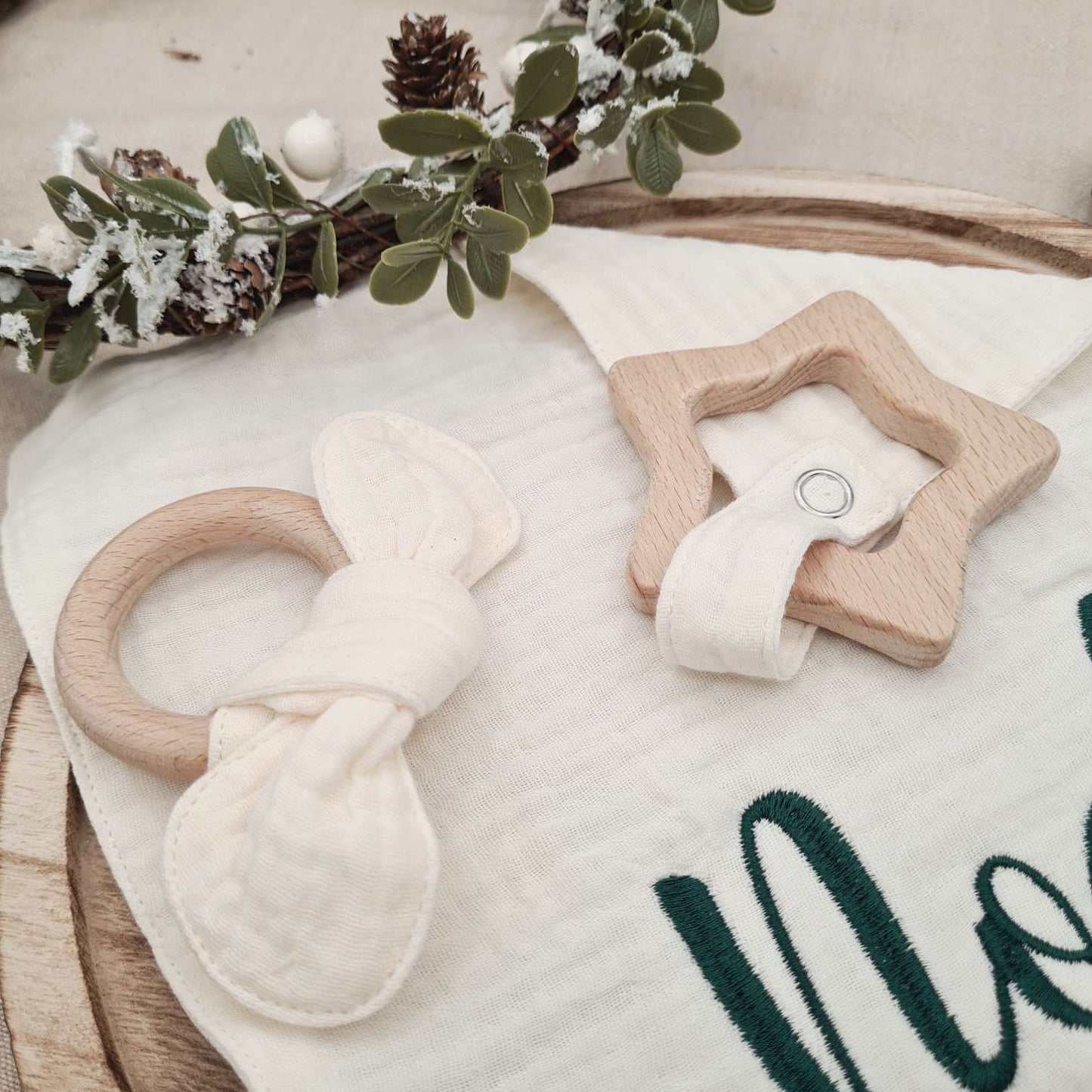 Soft cotton bow ears ring complementing the Muslin Baby Comforter.