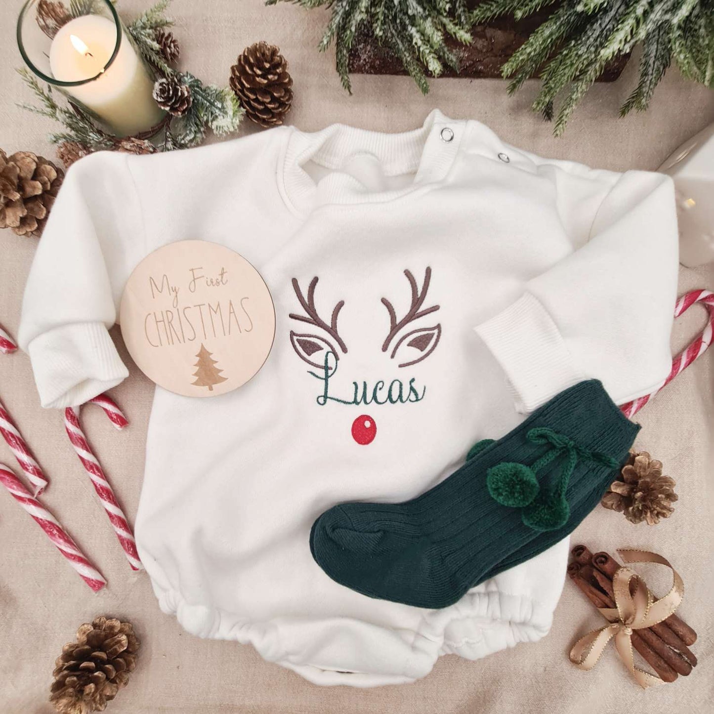 Green socks variant with the Embroidered Reindeer Baby Romper for Christmas.
