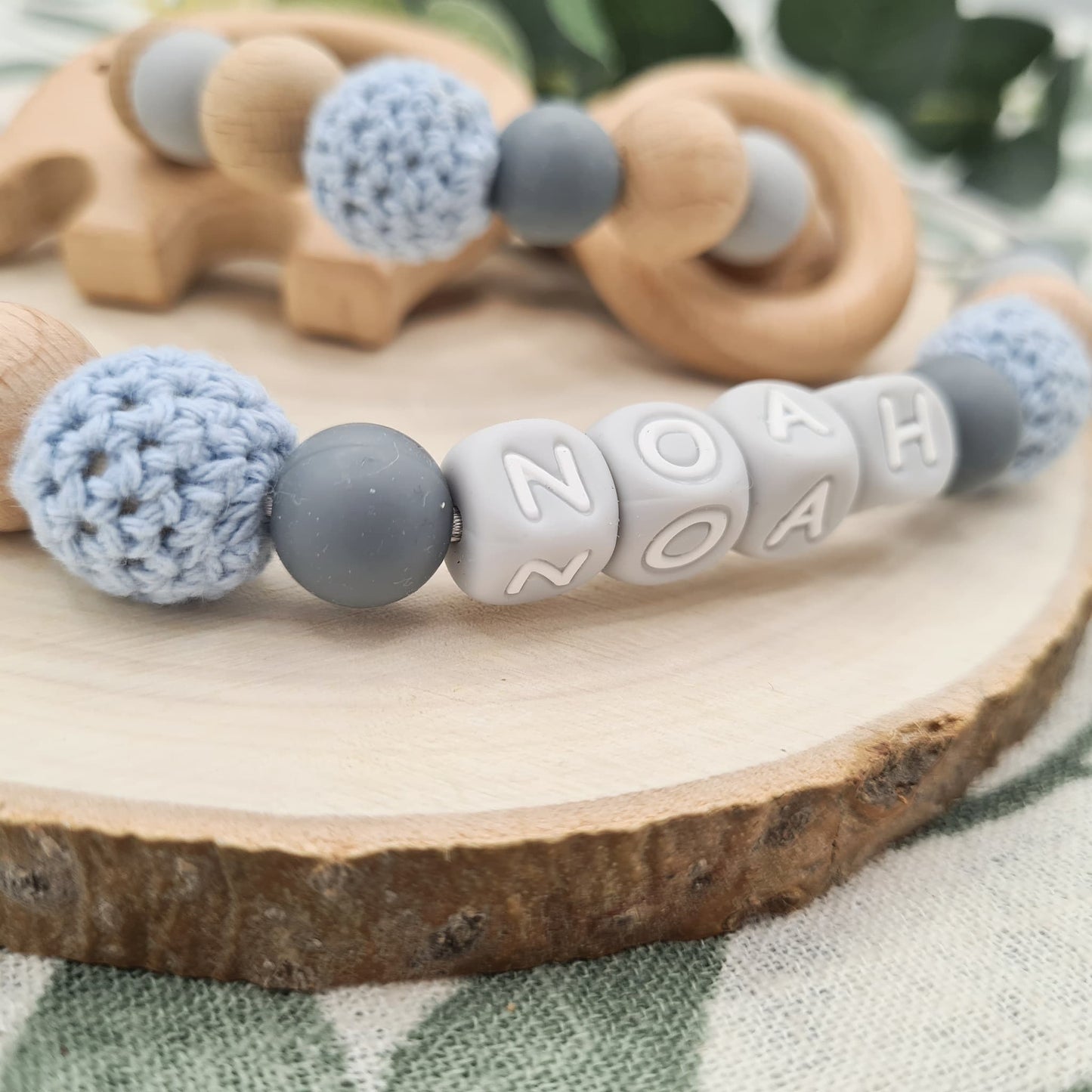 Personalised Dummy Chain and Rattle Crochet Elephant