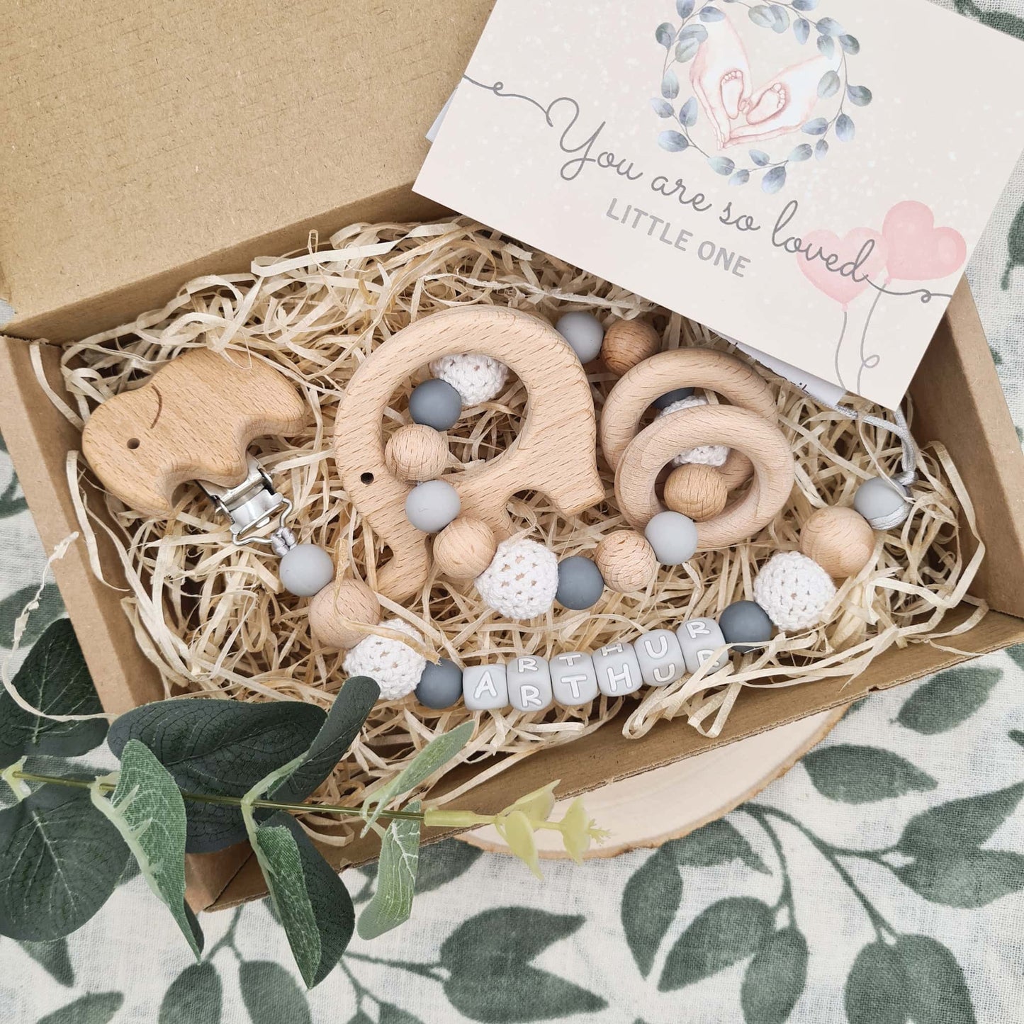 Personalised Dummy Clip and Rattle Crochet Elephant Gift Box