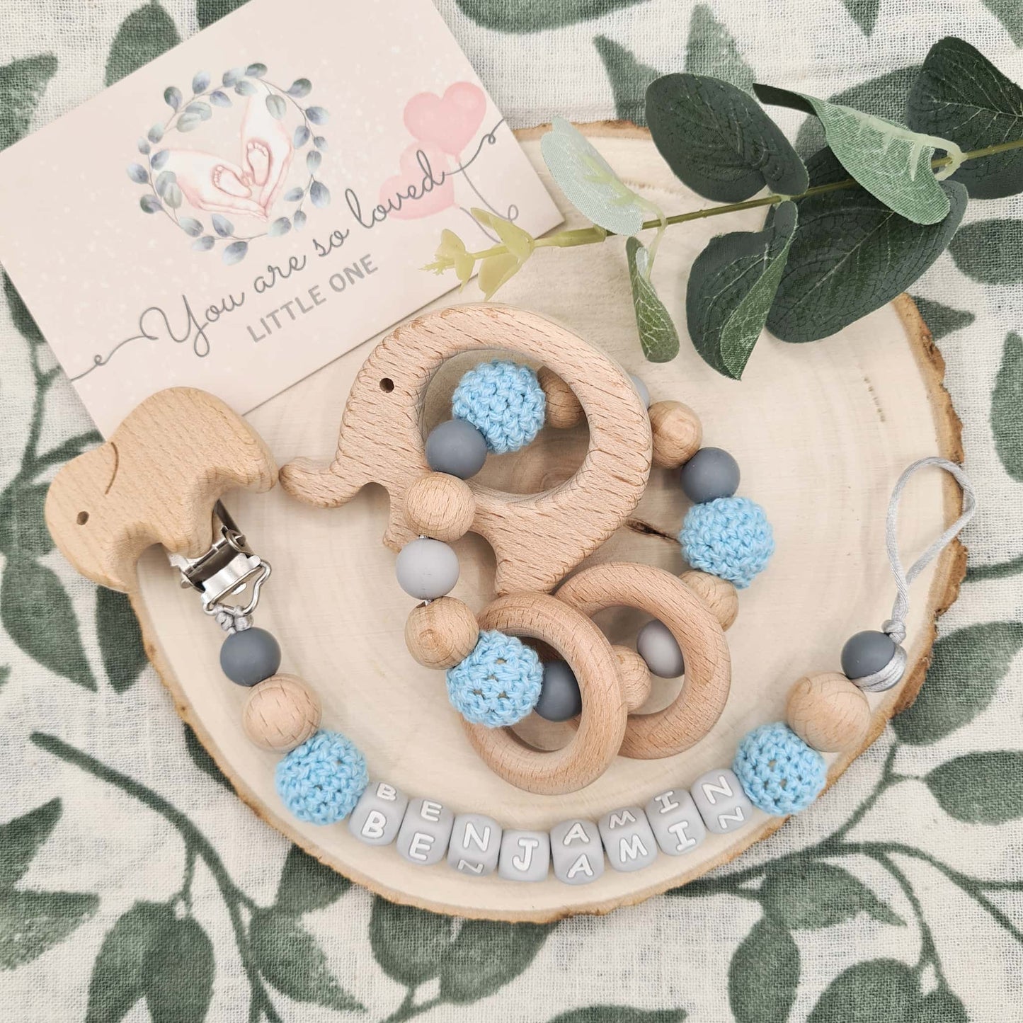 Designed Dummy Clip and Rattle Crochet Ocean Blue Colour Elephant
