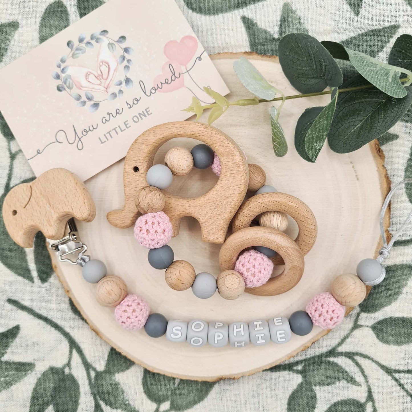 Custom Dummy Clip and Rattle Crochet Pink Colour Elephant