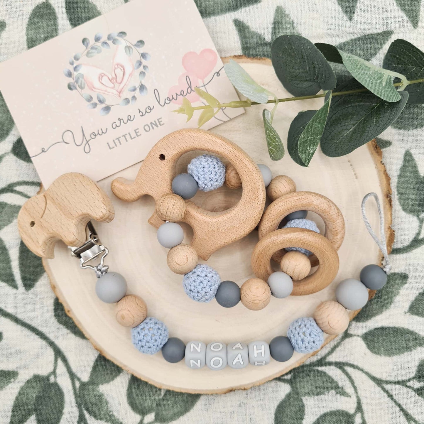 Designed Dummy Clip and Rattle Crochet Sky Blue Colour Elephant
