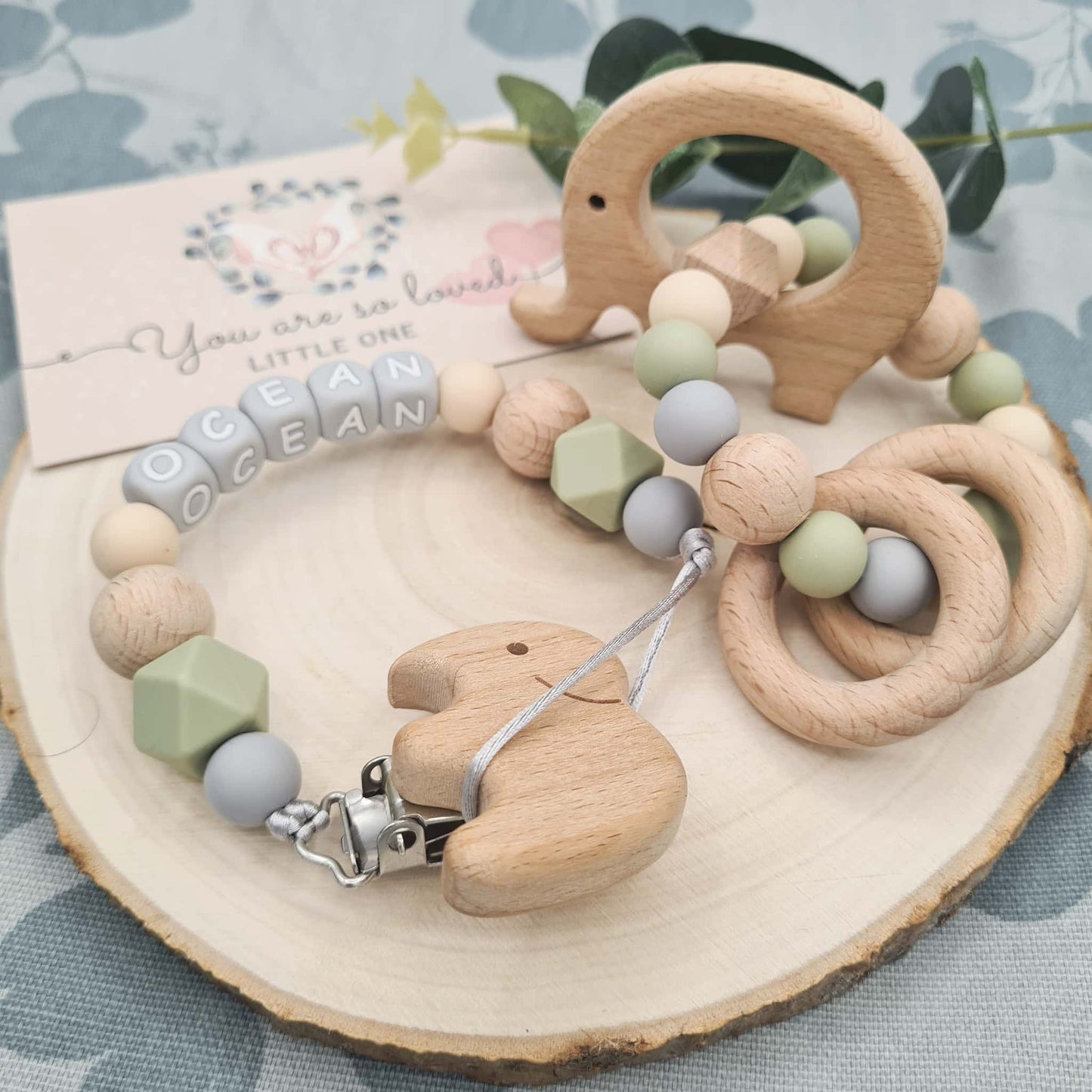 Personalised Dummy Clip and Rattle Silicone Olive Green