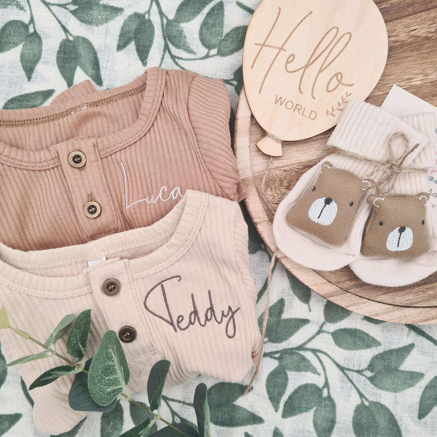Full Teddy Bear Themed Baby Romper Set with Socks and Milestone in Gift Box