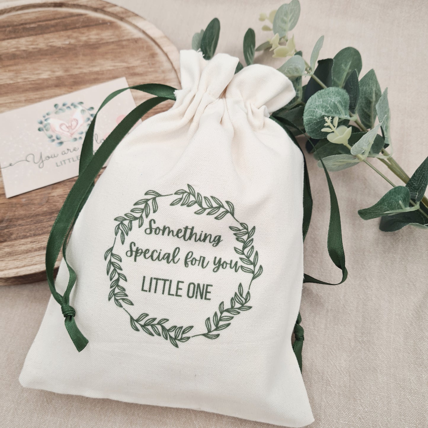 Cotton gift bag with the message 'Something Special for You Little One', perfect for baby gifts and personalised comforters.