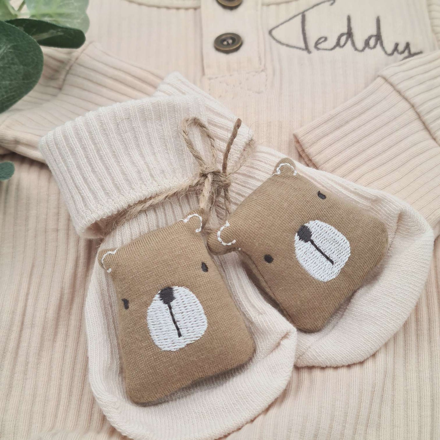 Matching Socks with Intricate Teddy Bear Details for Baby Romper Set