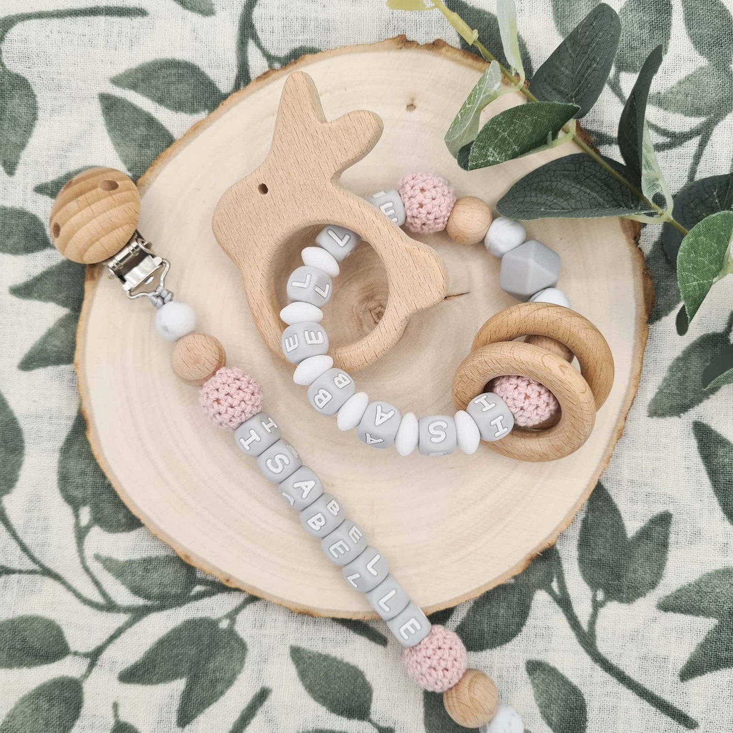 Custom Pacifier Clip and Rattle Crochet Blush Pink Colour Bunny