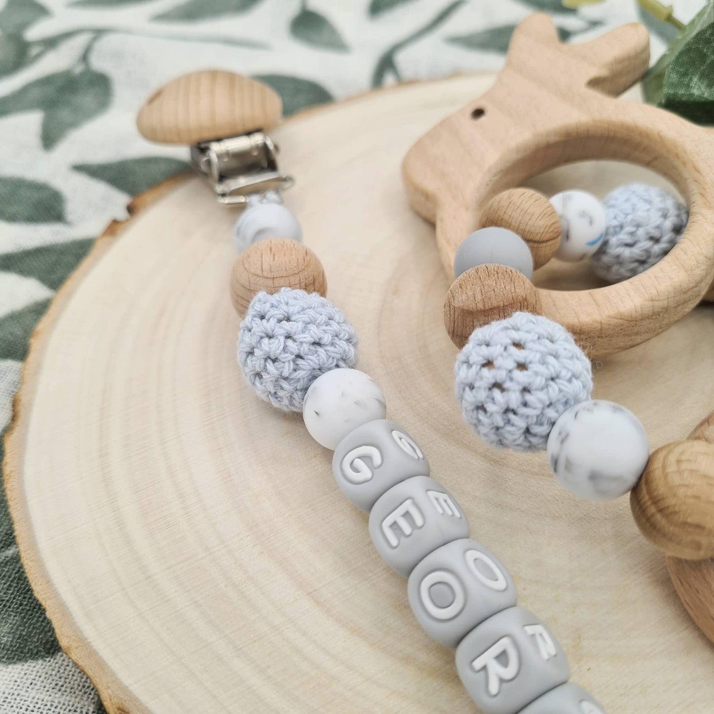 Personalised Pacifier Clip and Rattle Crochet Bunny