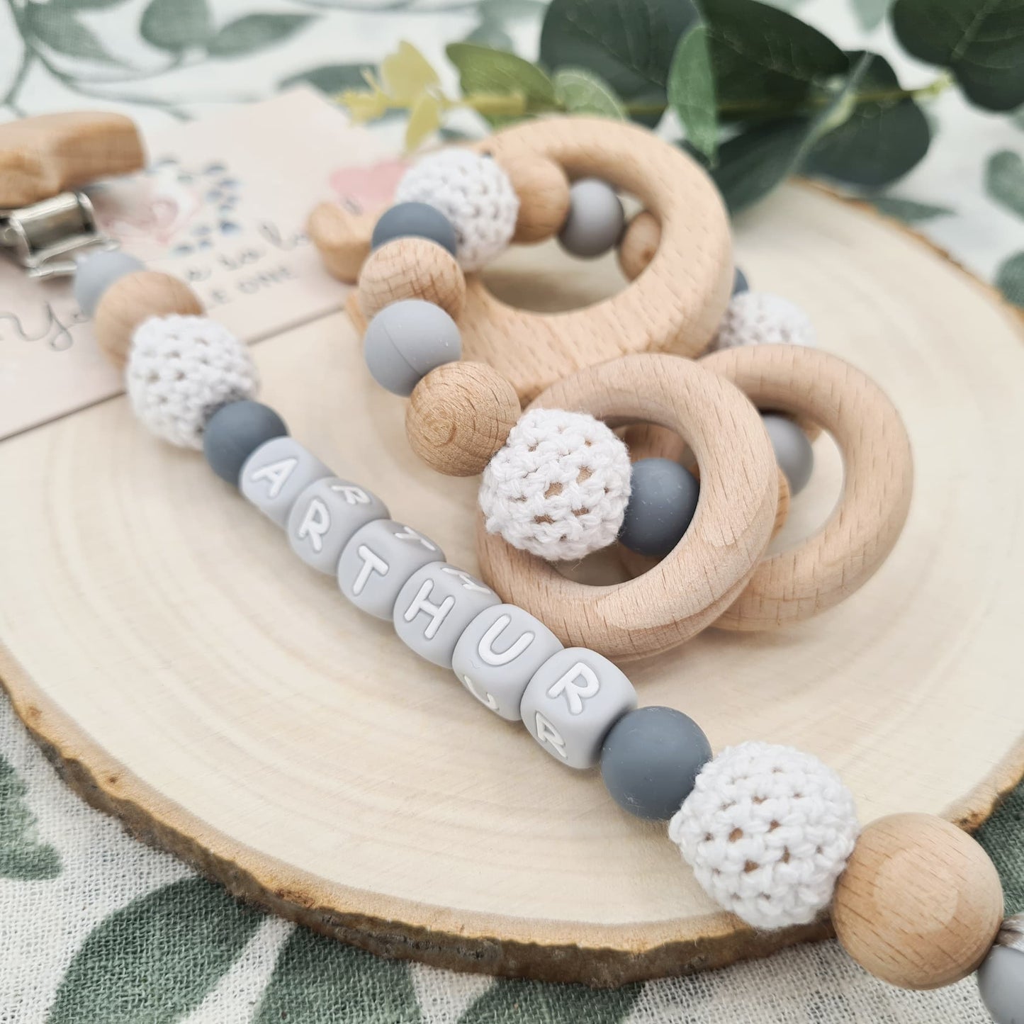 Personalised Pacifier Clip and Rattle Crochet Elephant