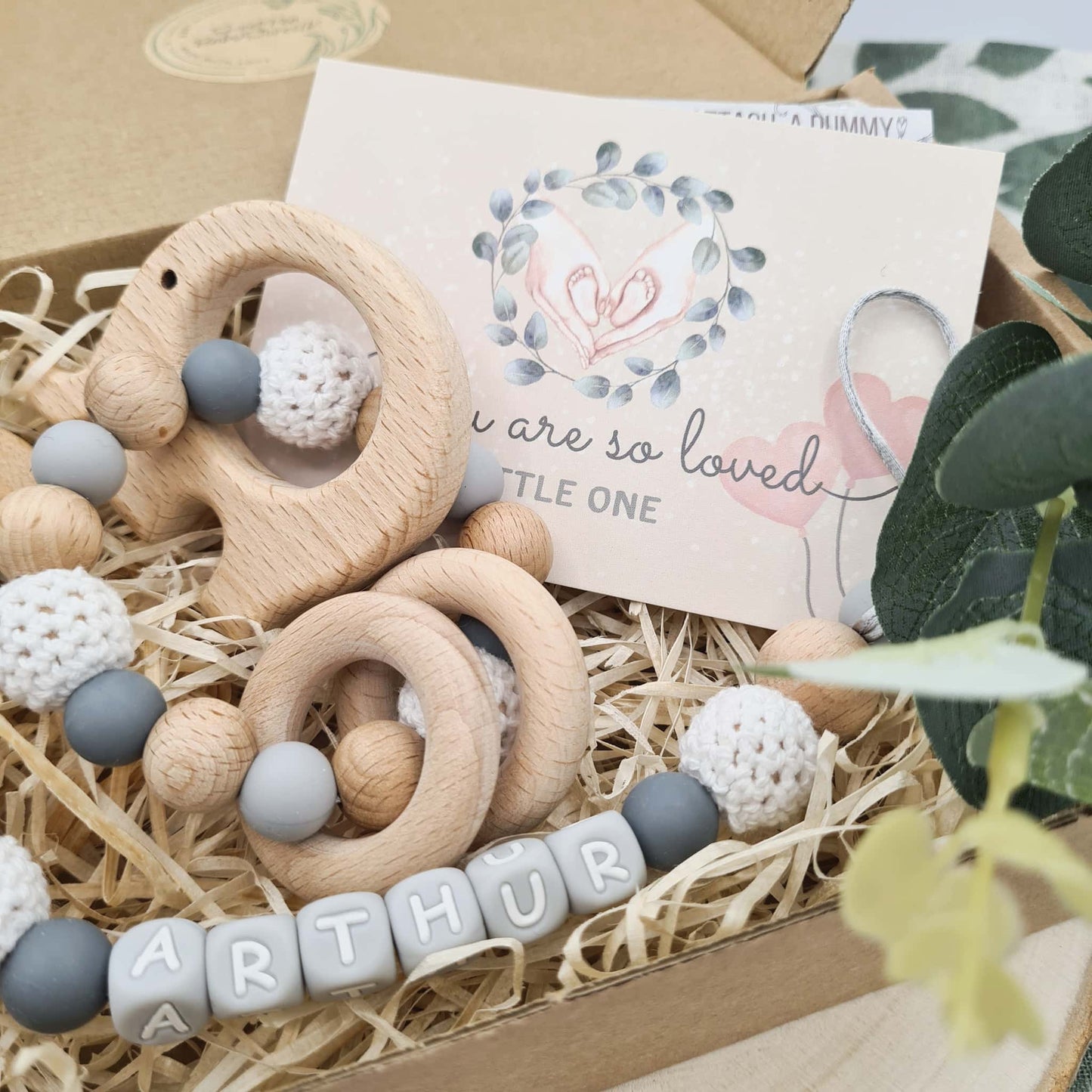 Personalised Pacifier Clip and Rattle Crochet Elephant Gift Box