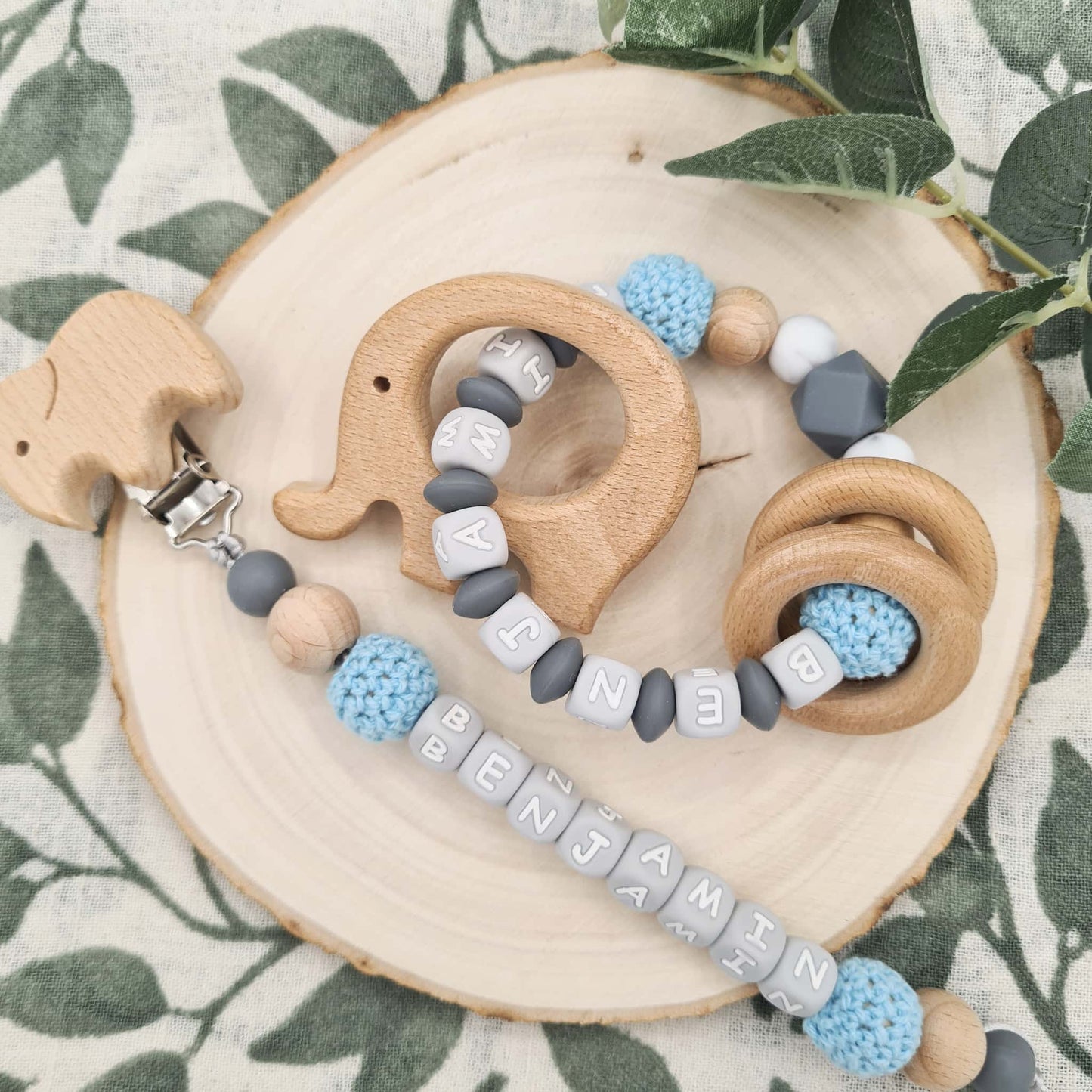 Designed Pacifier Clip and Rattle Crochet Ocean Blue Colour Elephant