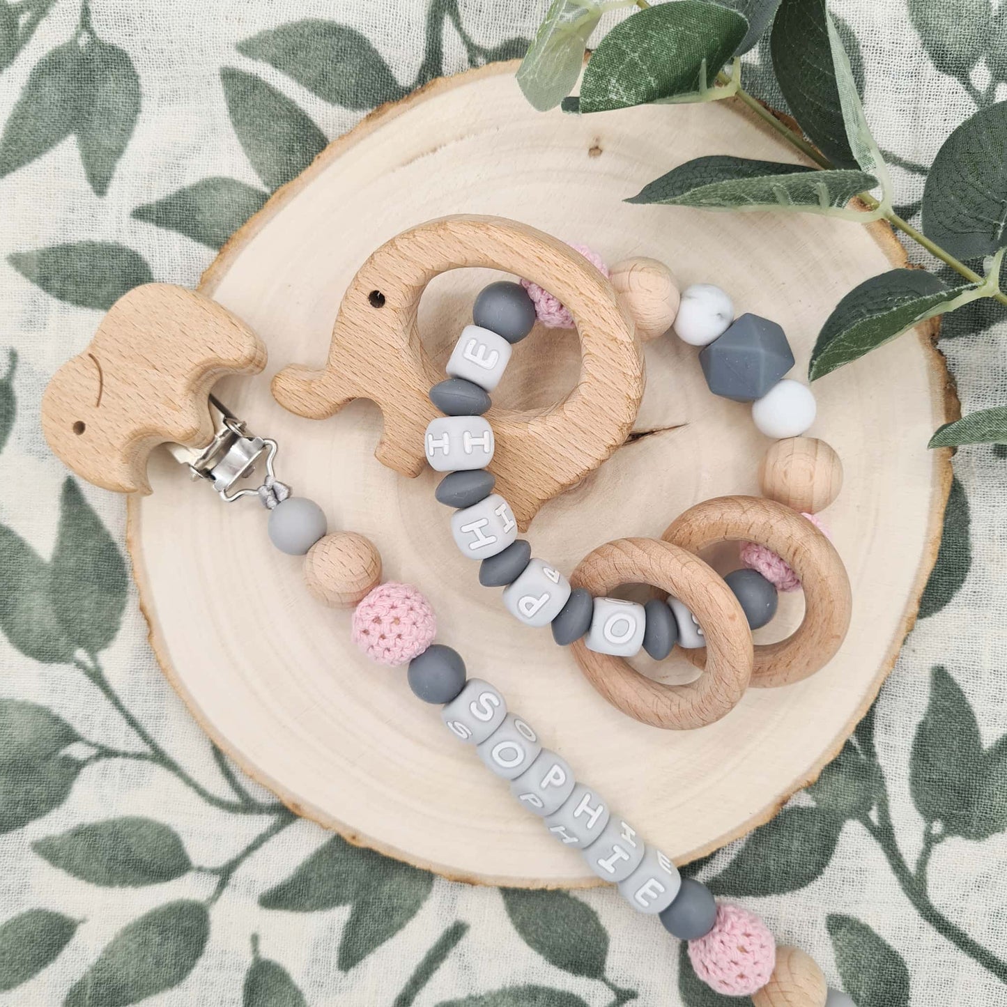 Custom Pacifier Clip and Rattle Crochet Pink Colour Elephant