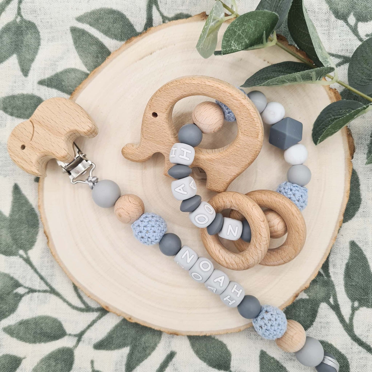 Designed Pacifier Clip and Rattle Crochet Sky Blue Colour Elephant
