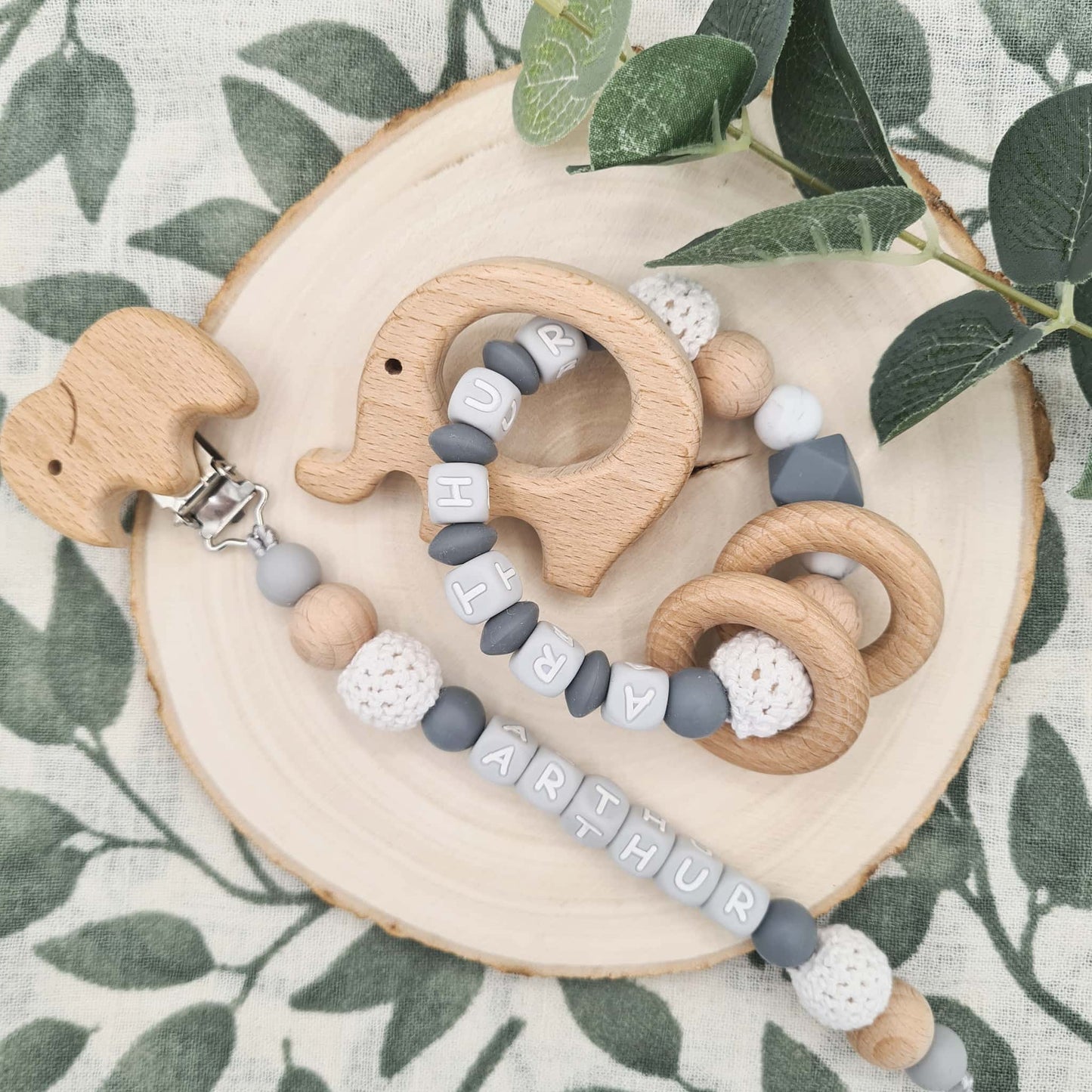 Personalised Pacifier Clip and Rattle Crochet White Colour Elephant