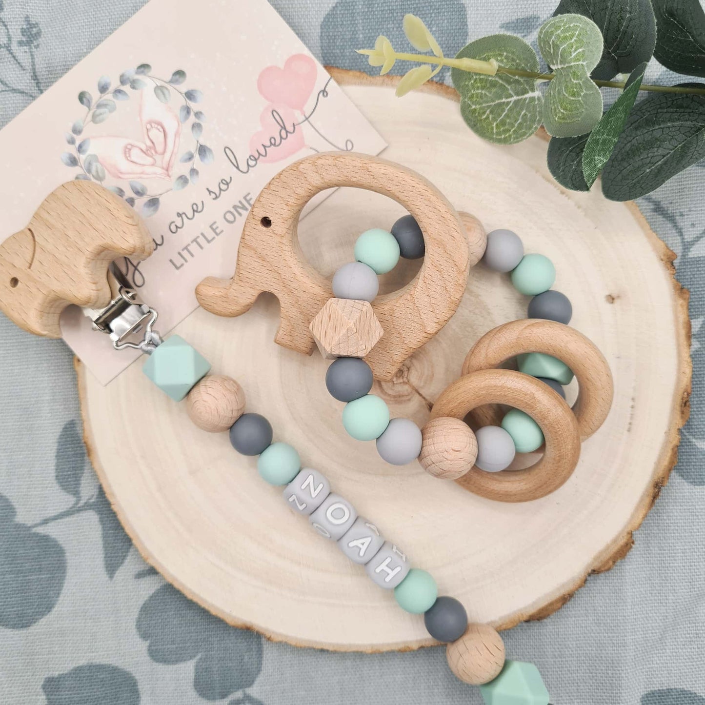 Personalised Pacifier Clip and Rattle Silicone Mint