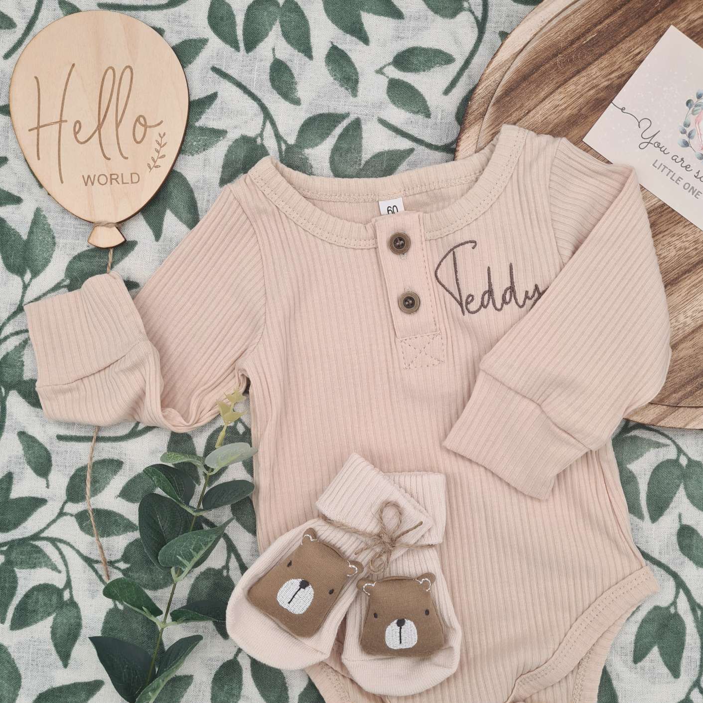 Personalised Baby Romper in Soft Stretchy Organic Cotton with Teddy Bear Embroidery