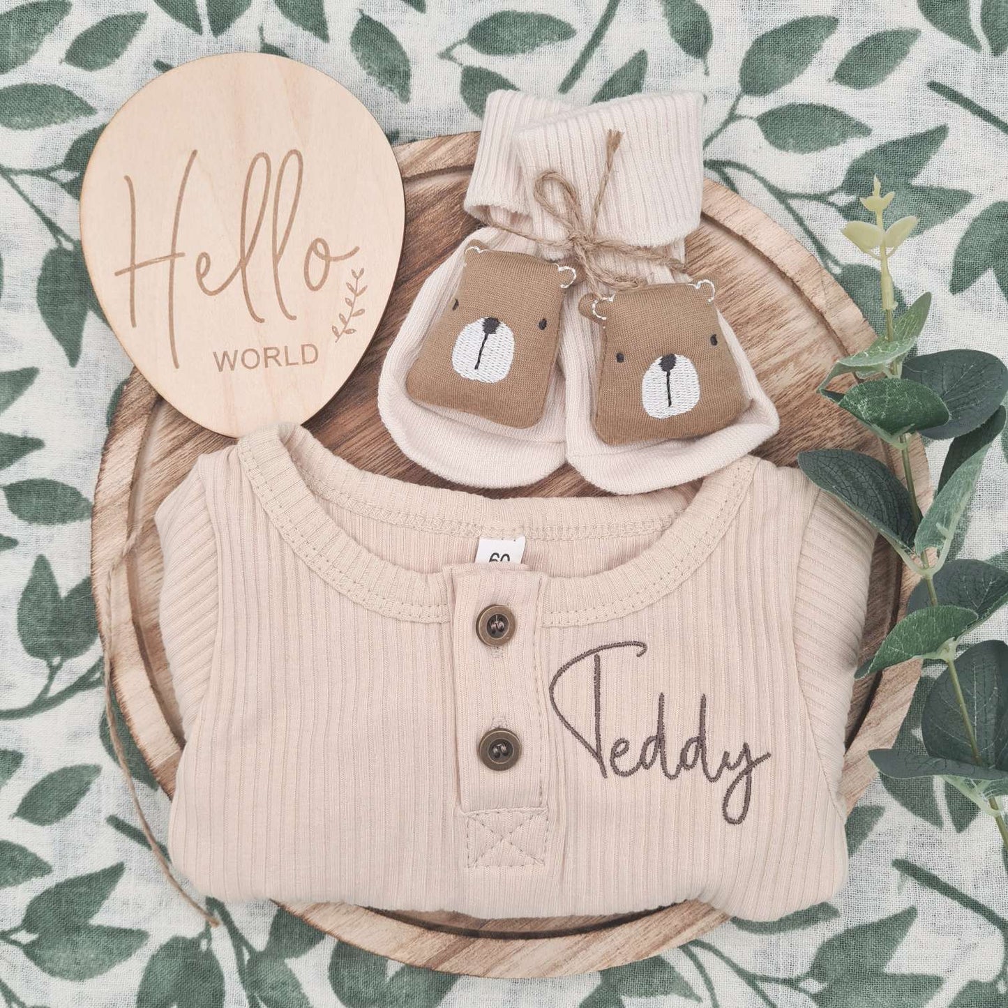 Embroidered Teddy Bear Themed Baby Romper Set in Organic Cotton