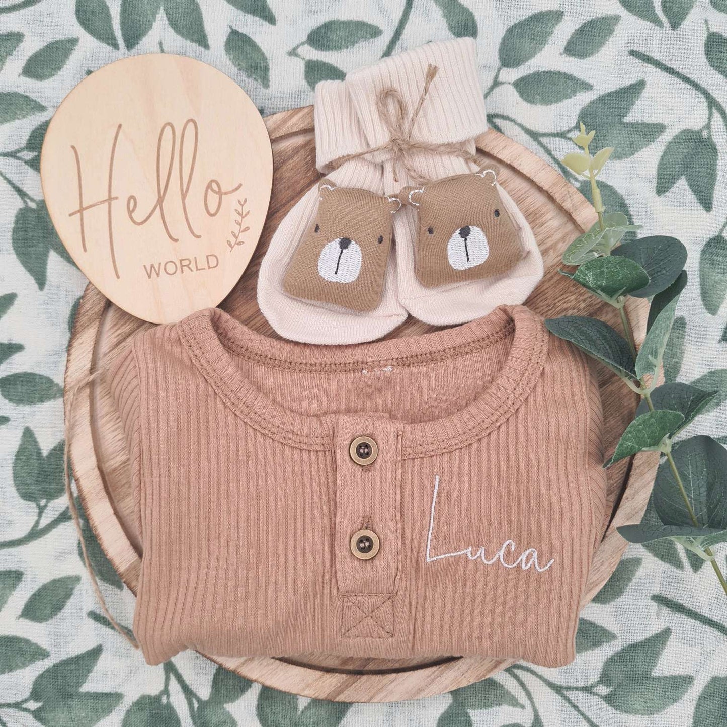 Welcome to the World' Wooden Milestone with Teddy Bear Baby Romper Set