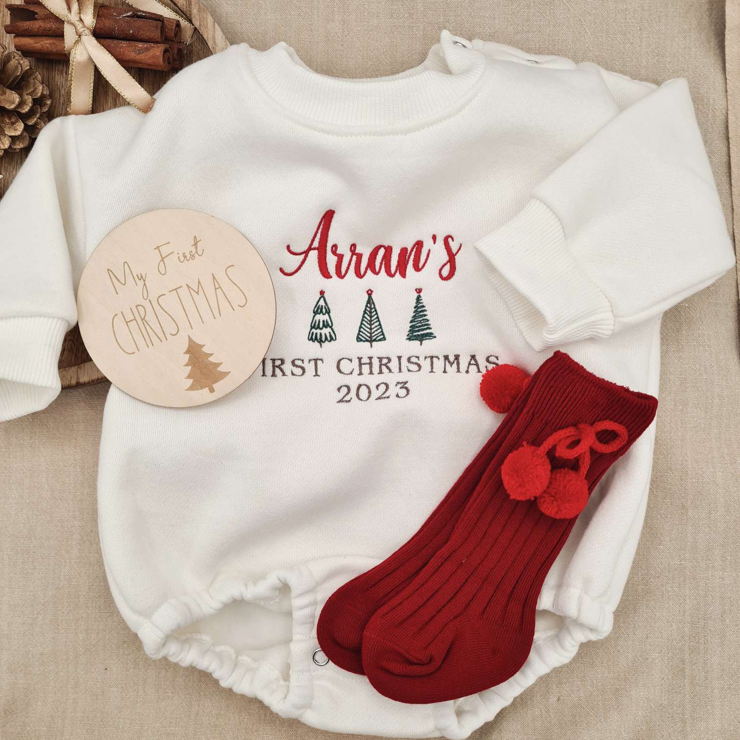 Personalised First Christmas 2024 Baby Romper Custom Name Embroidery, Premium Fleece, Gift Box Included