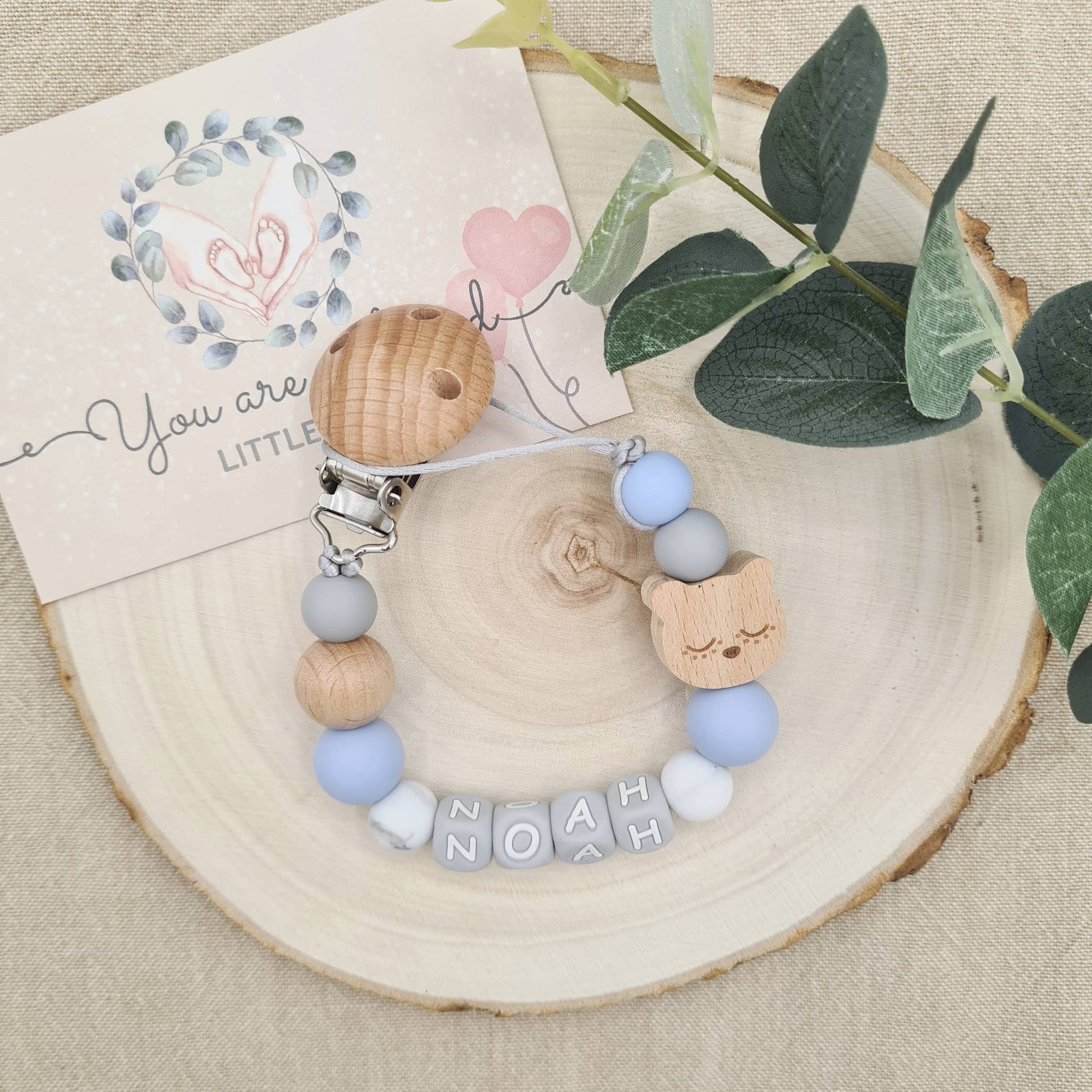 Personalised Bear Dummy Clip Baby Blue