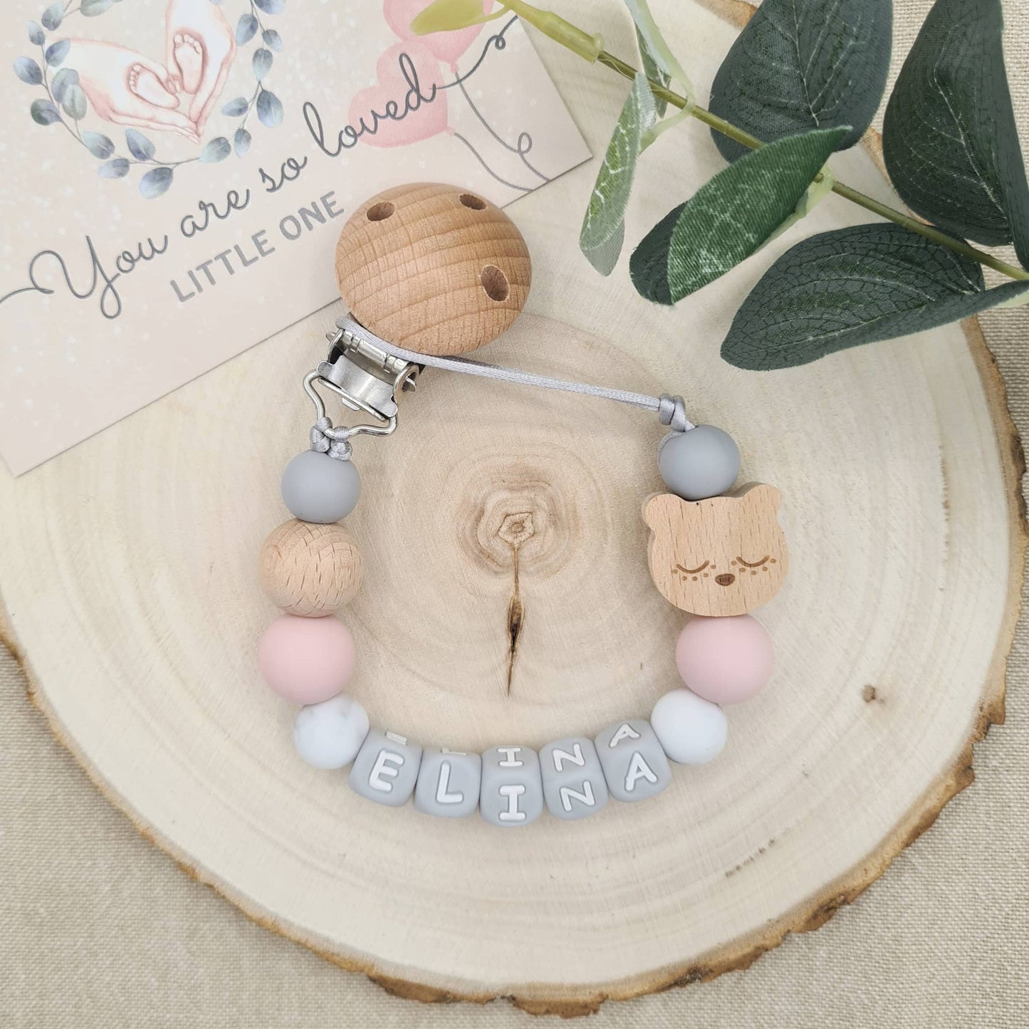 Personalised Bear Dummy Clip Baby Pink