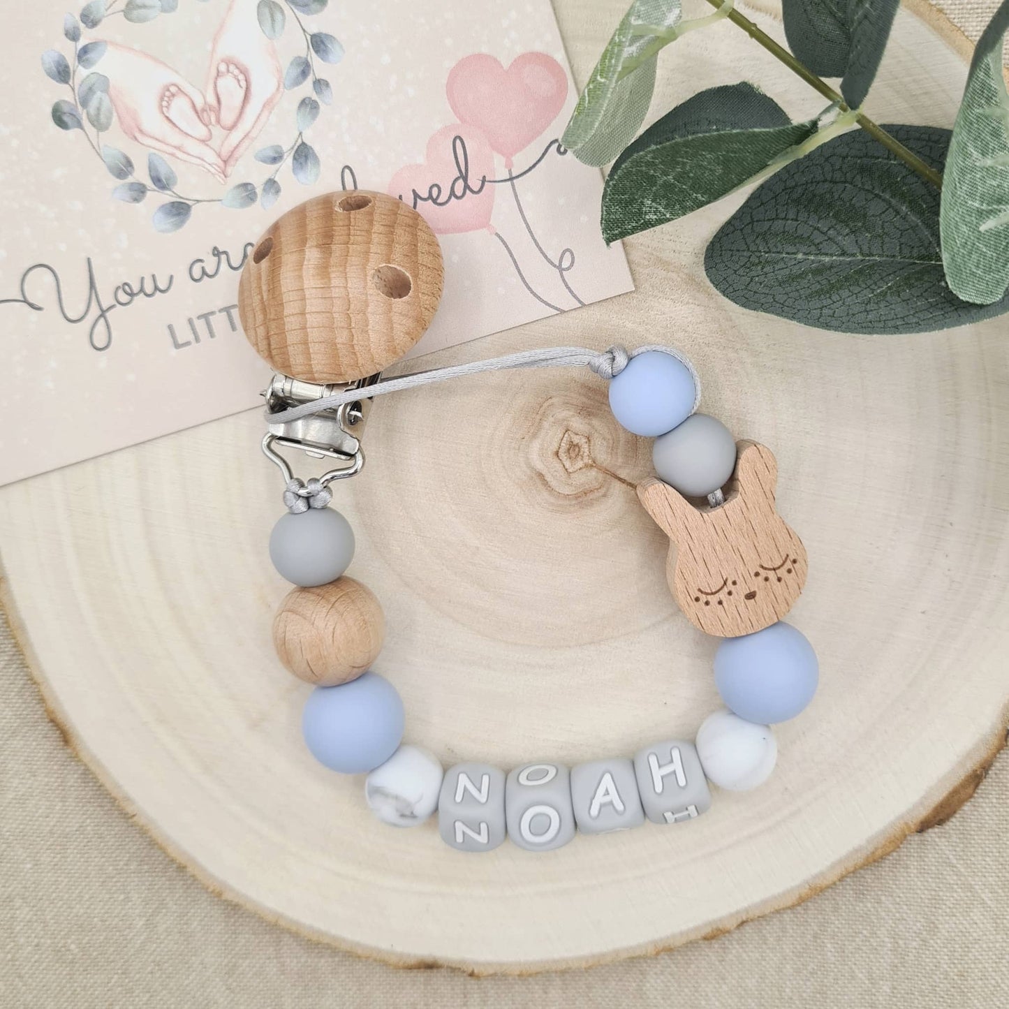 Personalised Bunny Dummy Clip Baby Blue