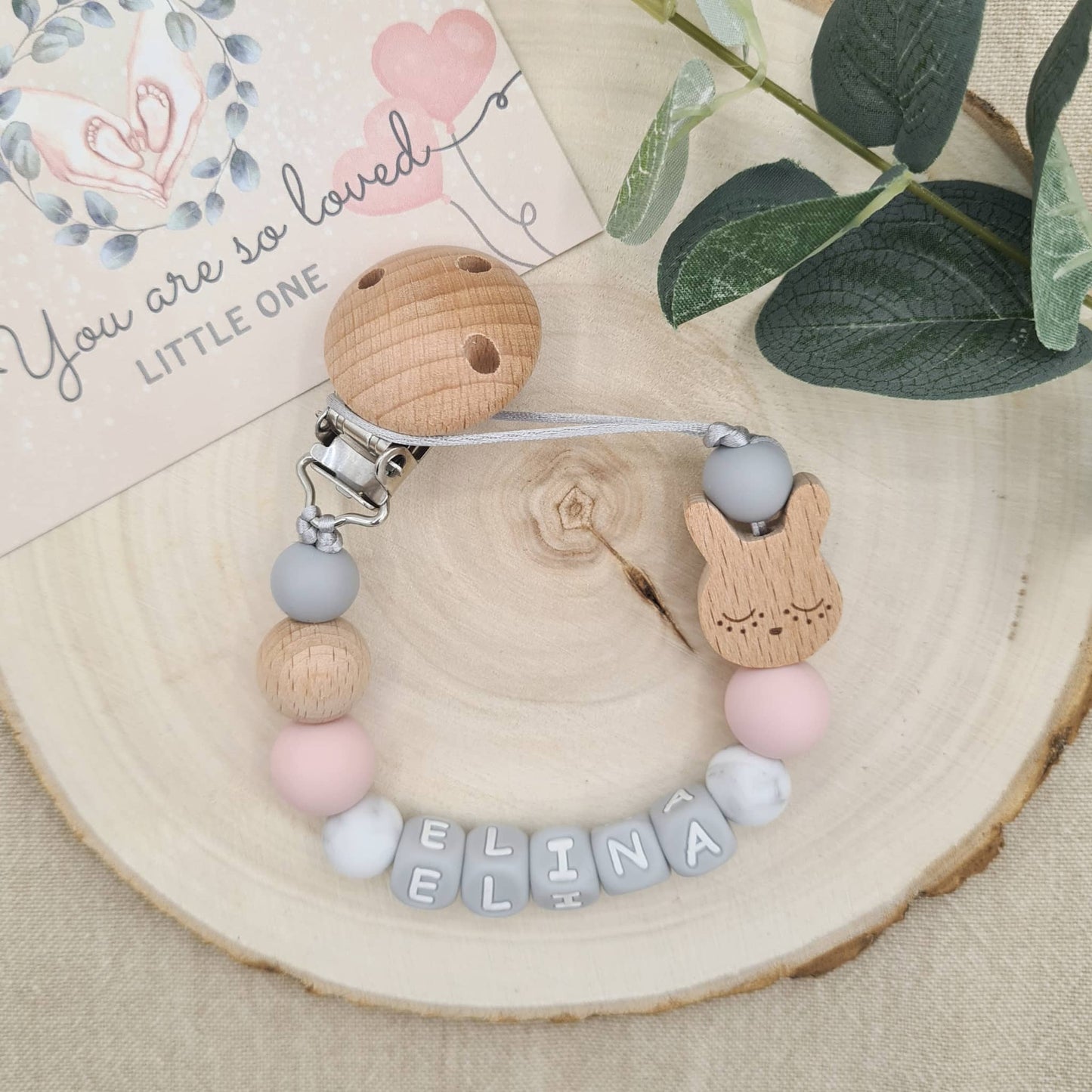 Personalised Bunny Dummy Clip Baby Pink