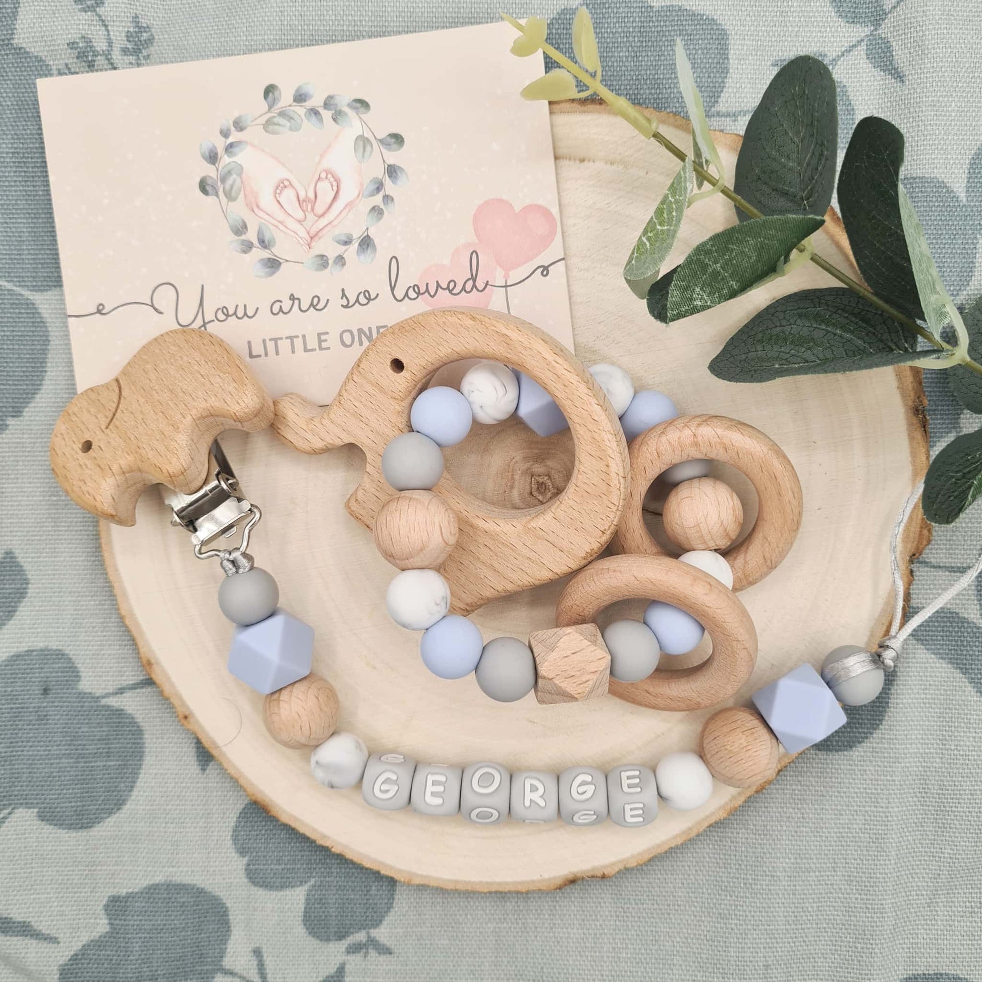 Personalised Dummy Clip and Rattle Silicone Baby Blue