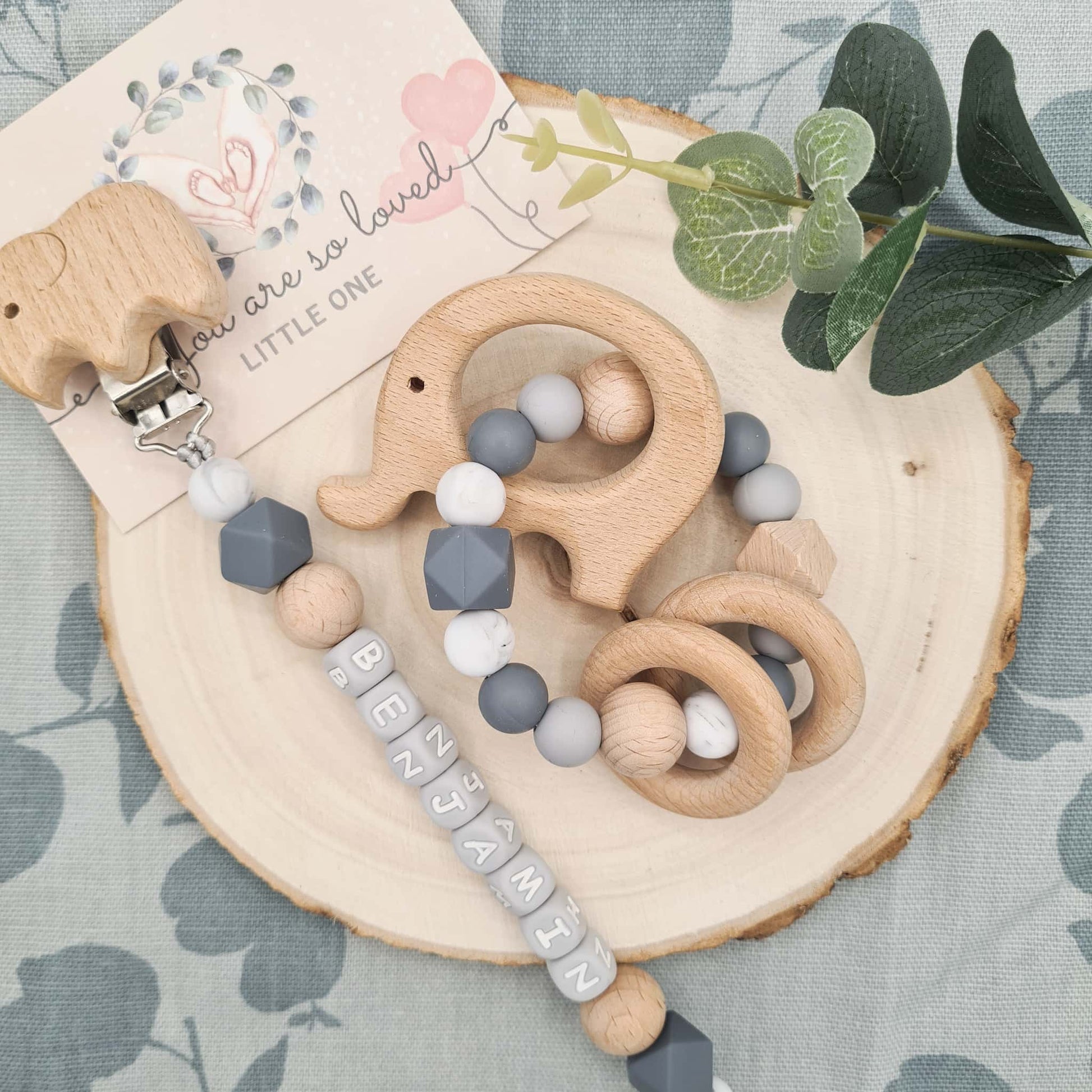 Personalised Dummy Clip and Rattle Silicone Dim Grey