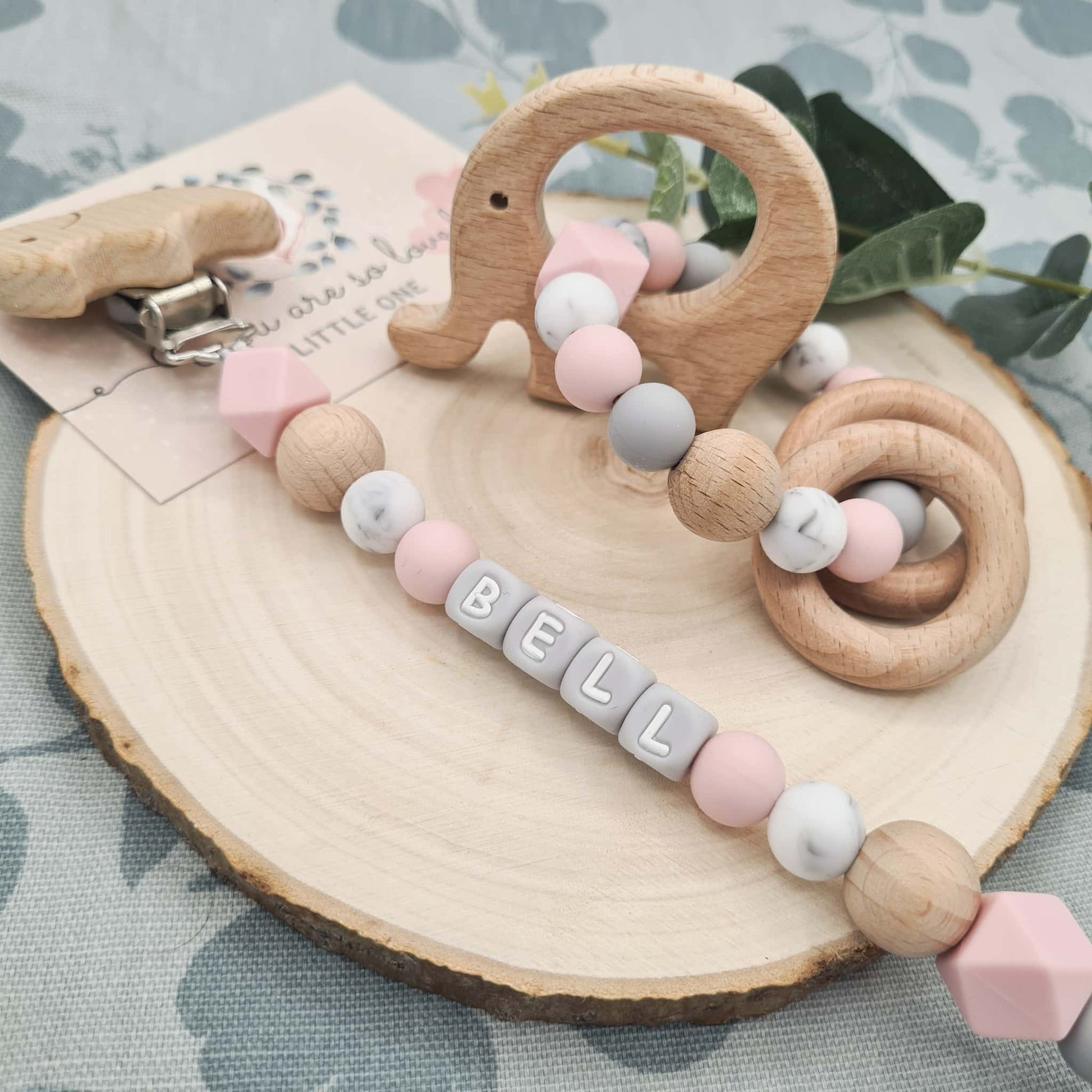 Personalised Dummy Clip and Rattle Silicone Elephant