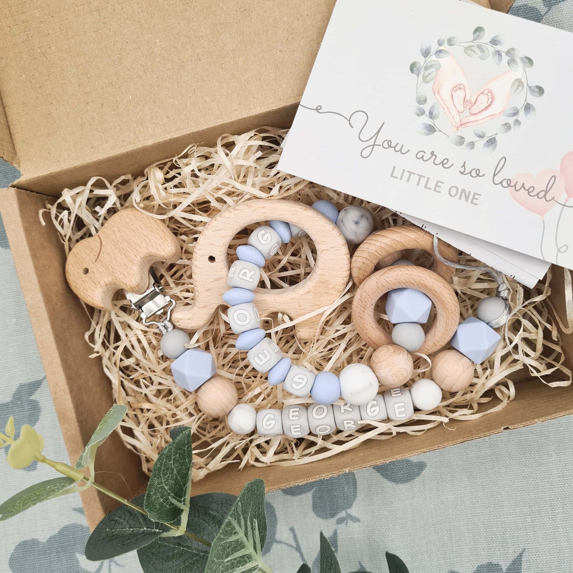 Personalised Dummy Clip and Rattle Silicone Elephant Gift Box