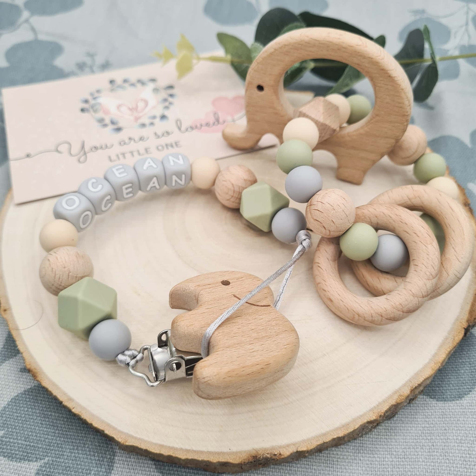 Personalised Dummy Clip and Rattle Silicone Olive Green