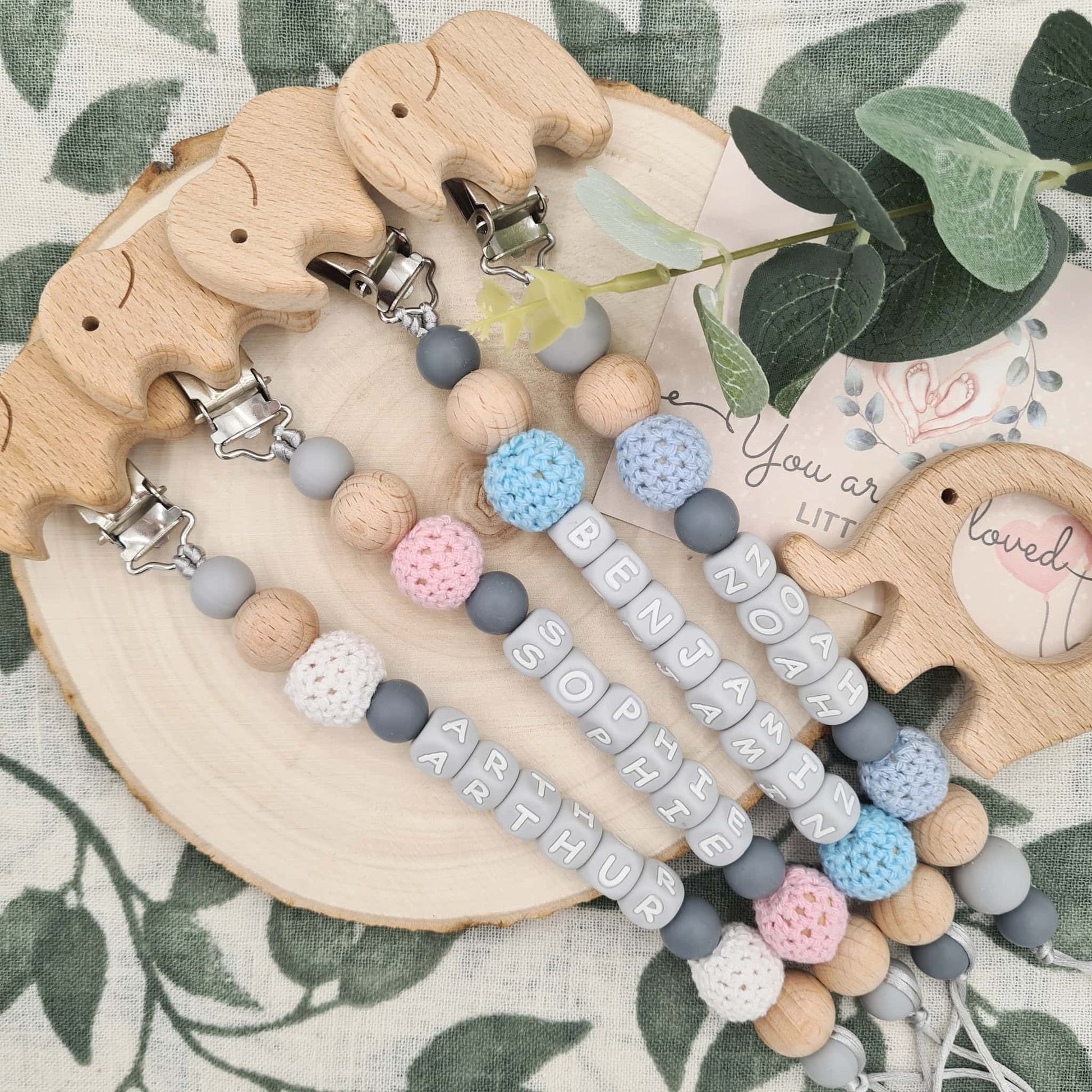 Personalised Elephant Dummy Clip with Crochet Beads All Colours