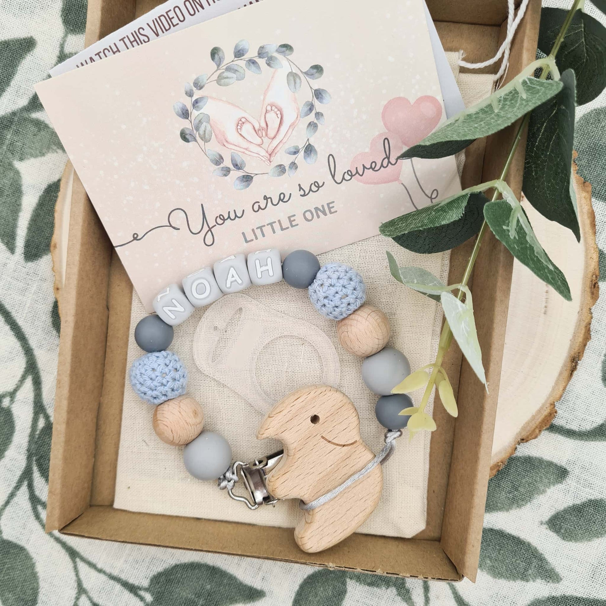 Personalised Dummy Clip Gift Box Elephant with Crochet Beads