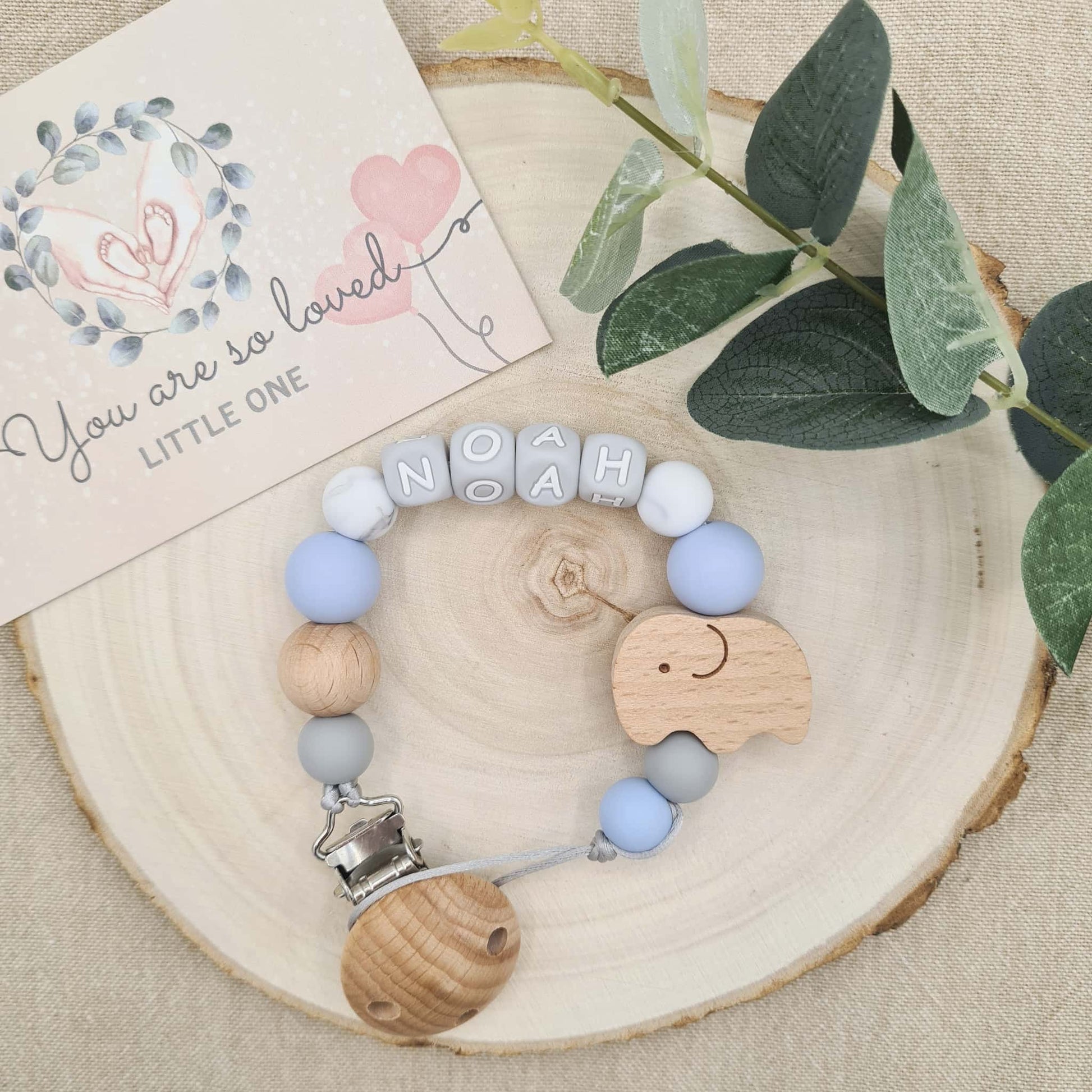 Personalised Elephant Dummy Clip Baby Blue