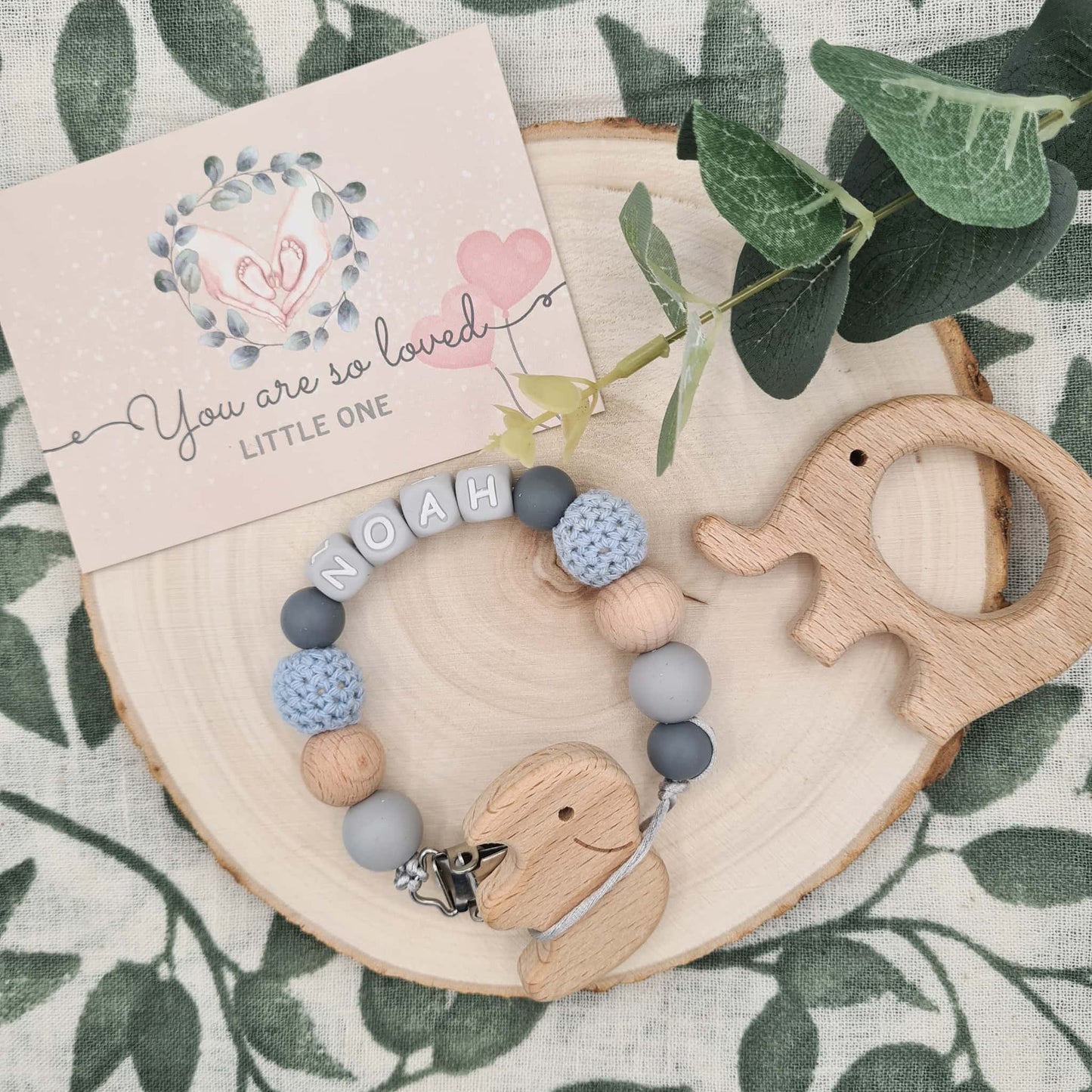 Personalised Elephant Dummy Clip with Sky Blue Crochet Beads