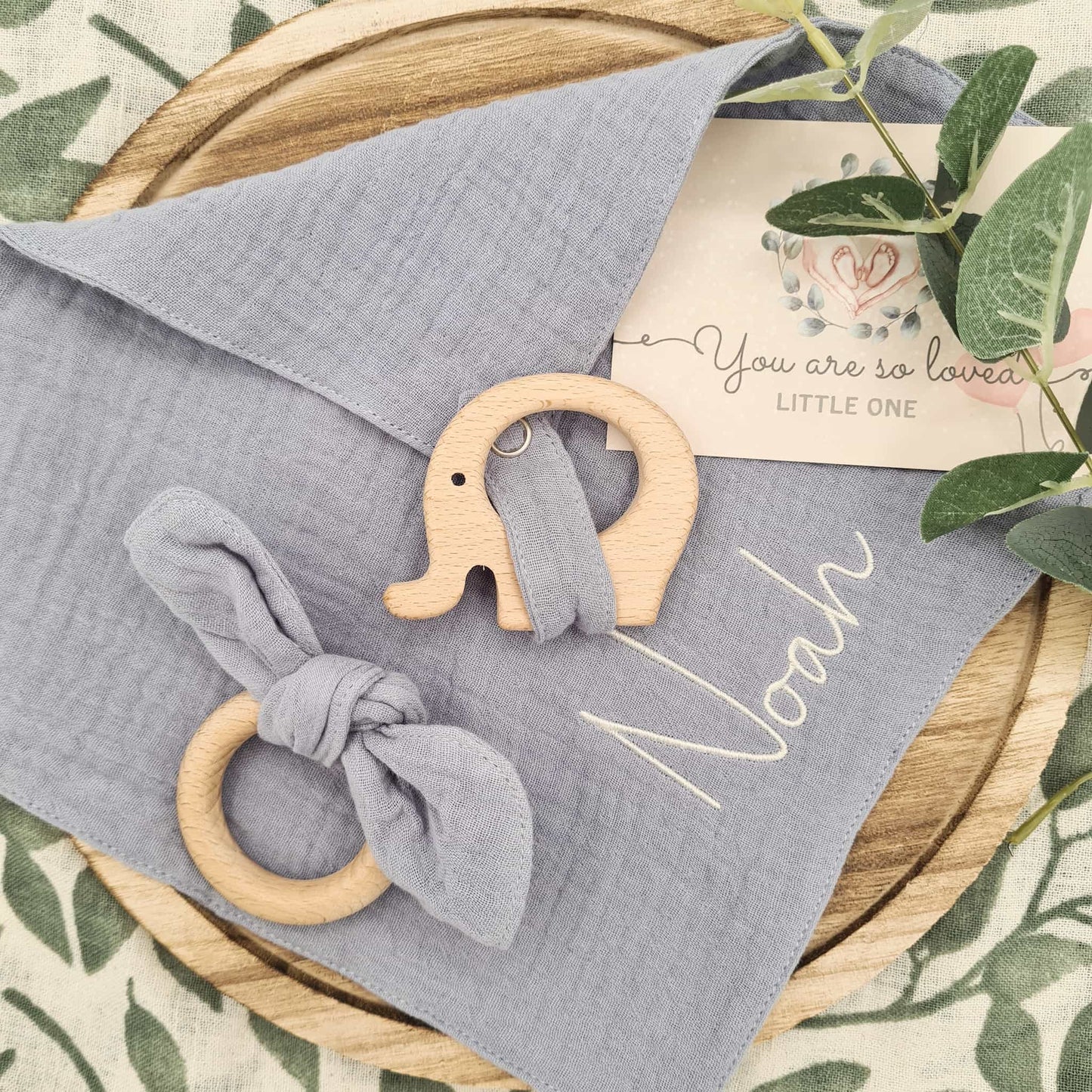 Embroidered Cotton Comforter with Teething Ring Blue Elephant