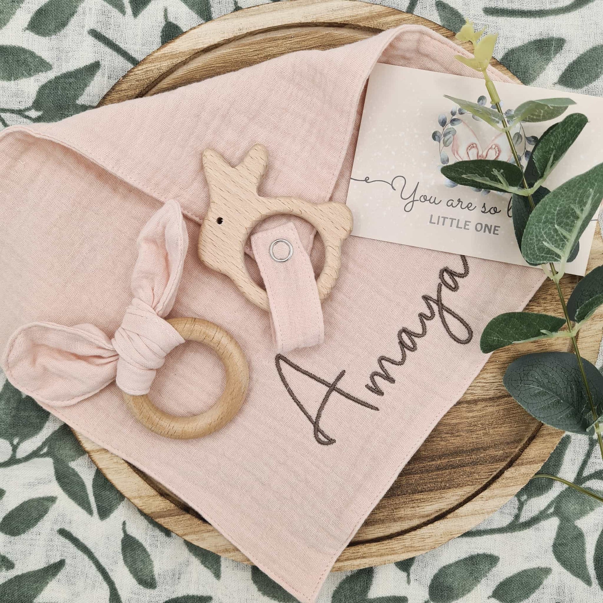 Embroidered Cotton Comforter with Teething Ring Pink Bunny