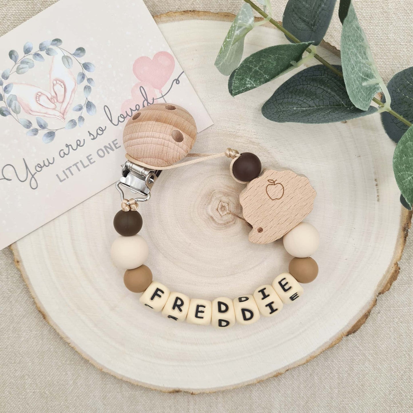 Personalised Hedgehog Dummy Clip Chocolate Brown