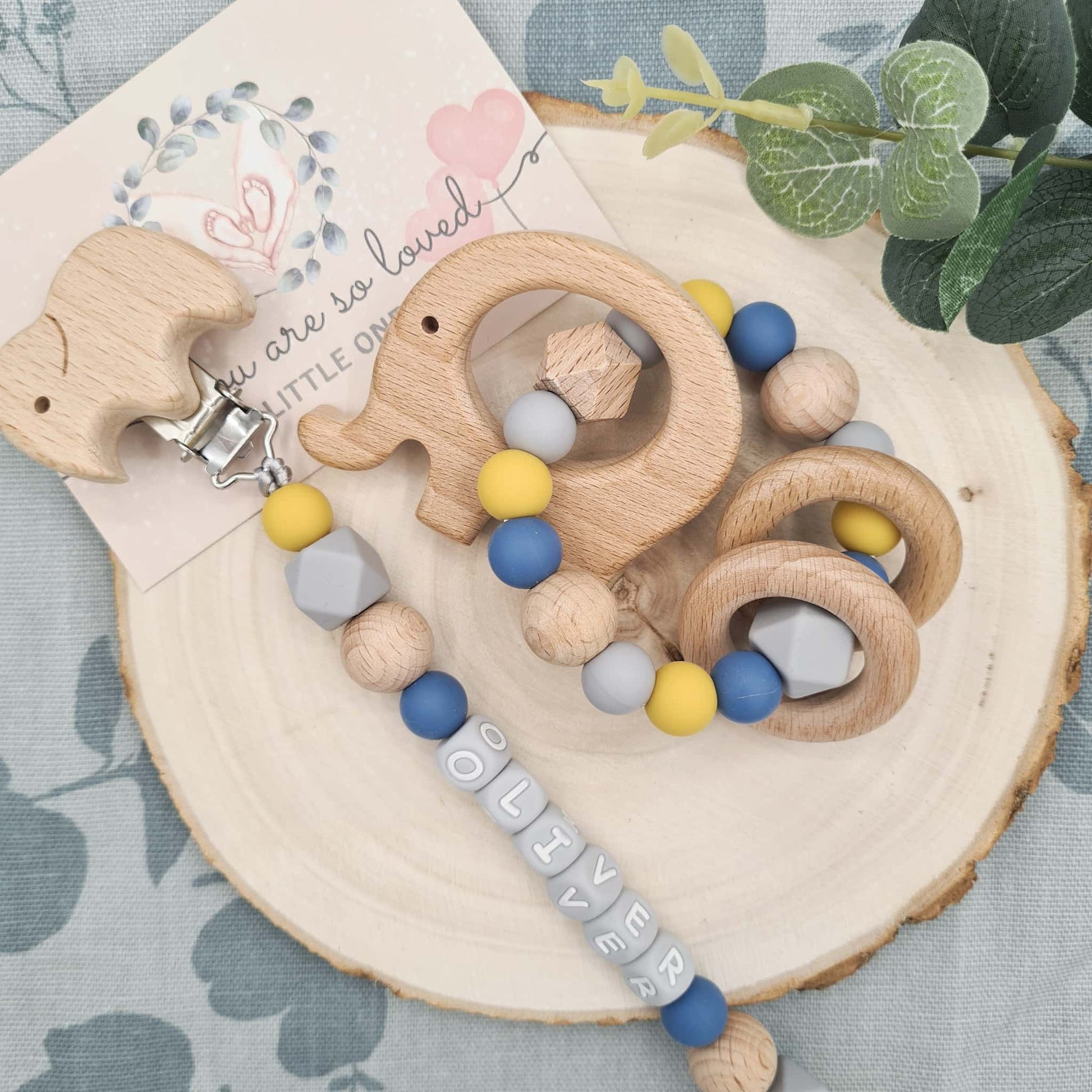Personalised Pacifier Clip and Rattle Silicone Blue and Yellow
