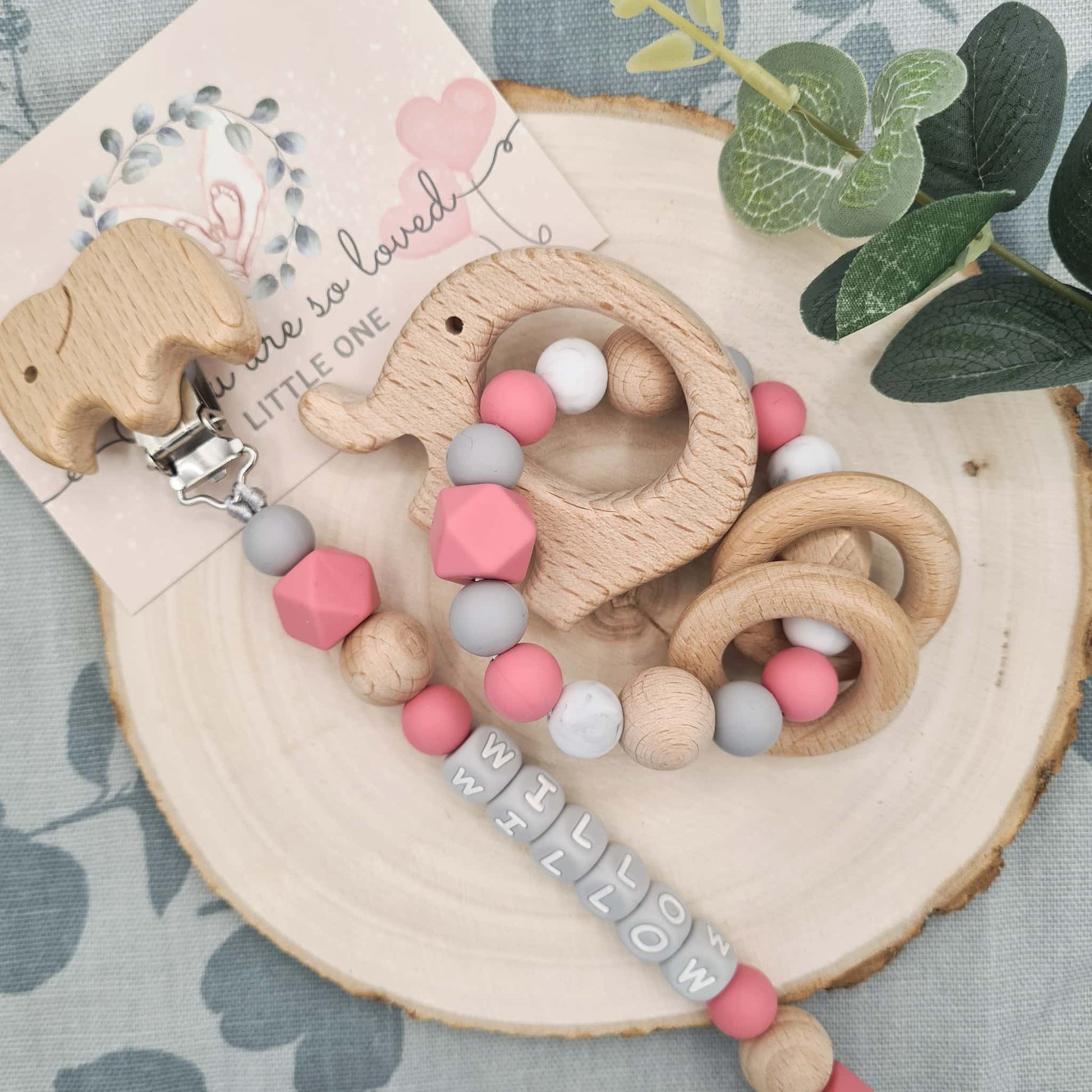 Personalised Pacifier Clip and Rattle Silicone Raspberry Pink