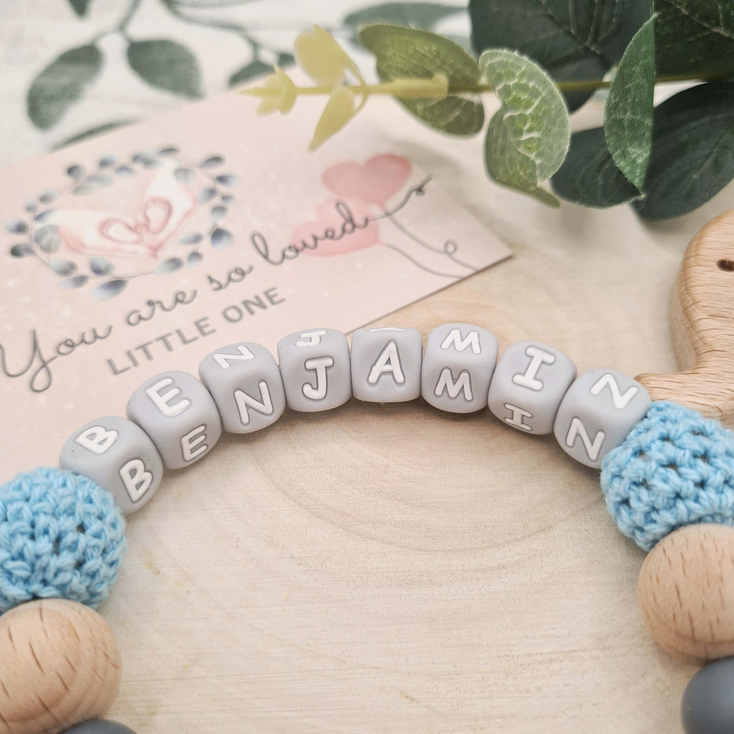 Personalised Elephant Pacifier Clip with Crochet Beads