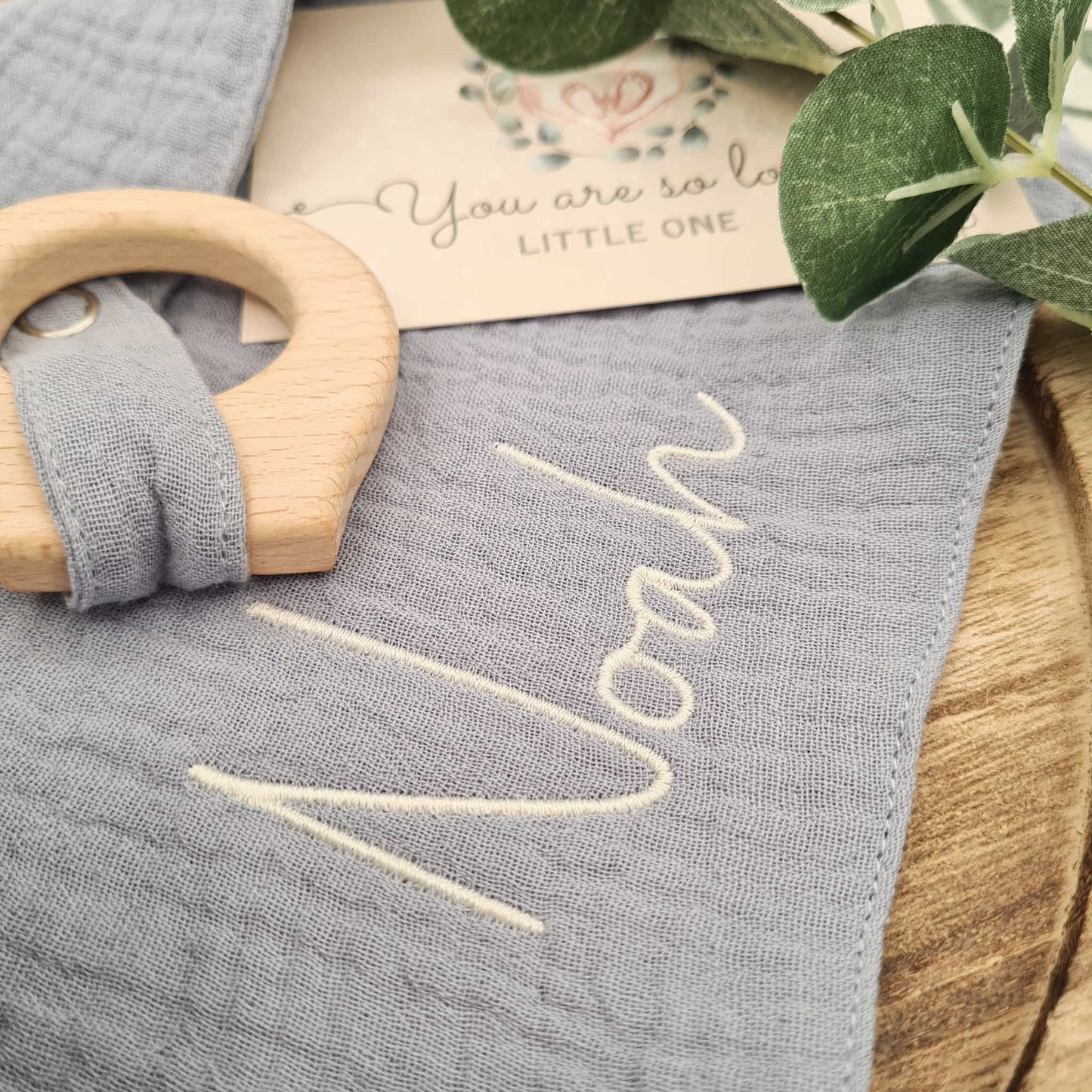Personalised Cotton Comforter with Teething Ring Blue Elephant