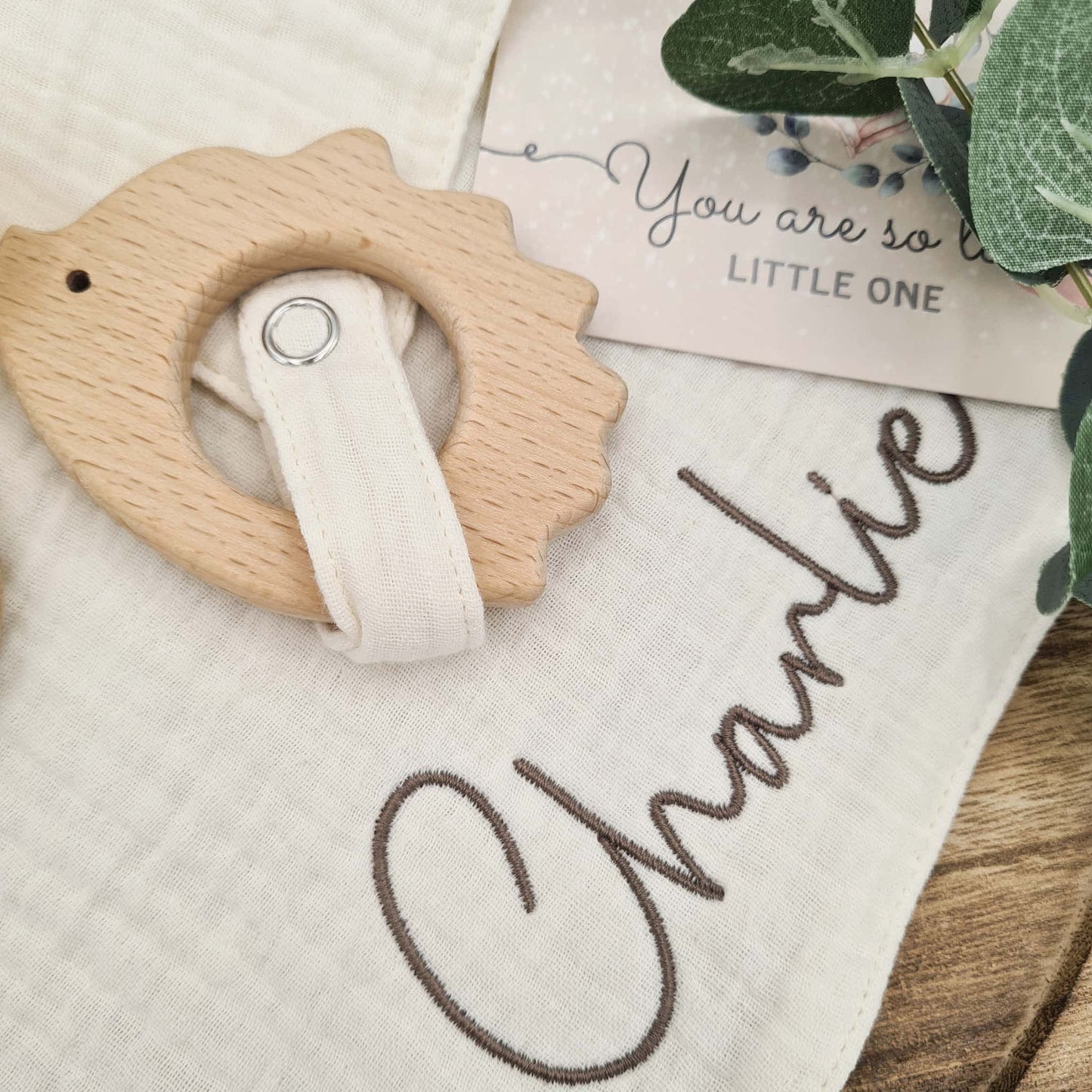 Personalised Cotton Comforter with Teething Ring Ivory Hedgehog