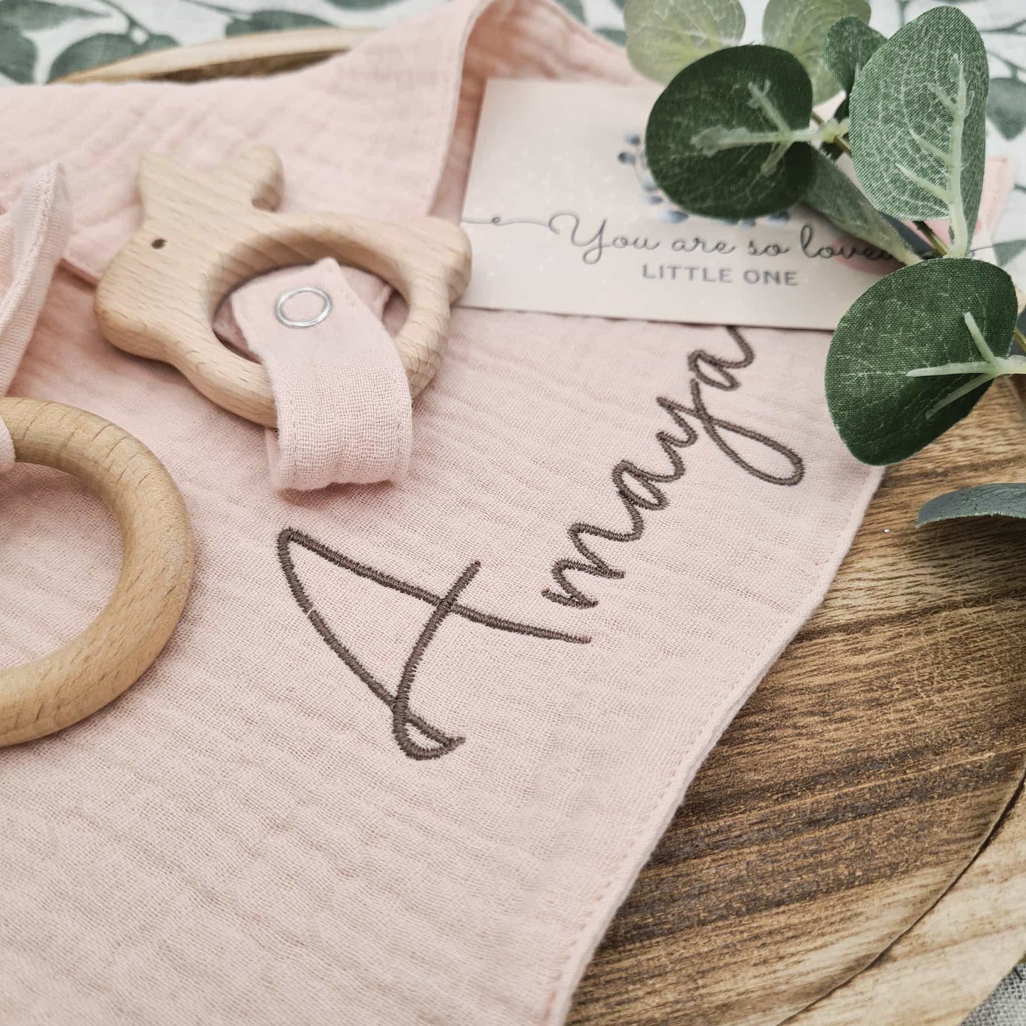 Personalised Cotton Comforter with Teething Ring Pink Bunny