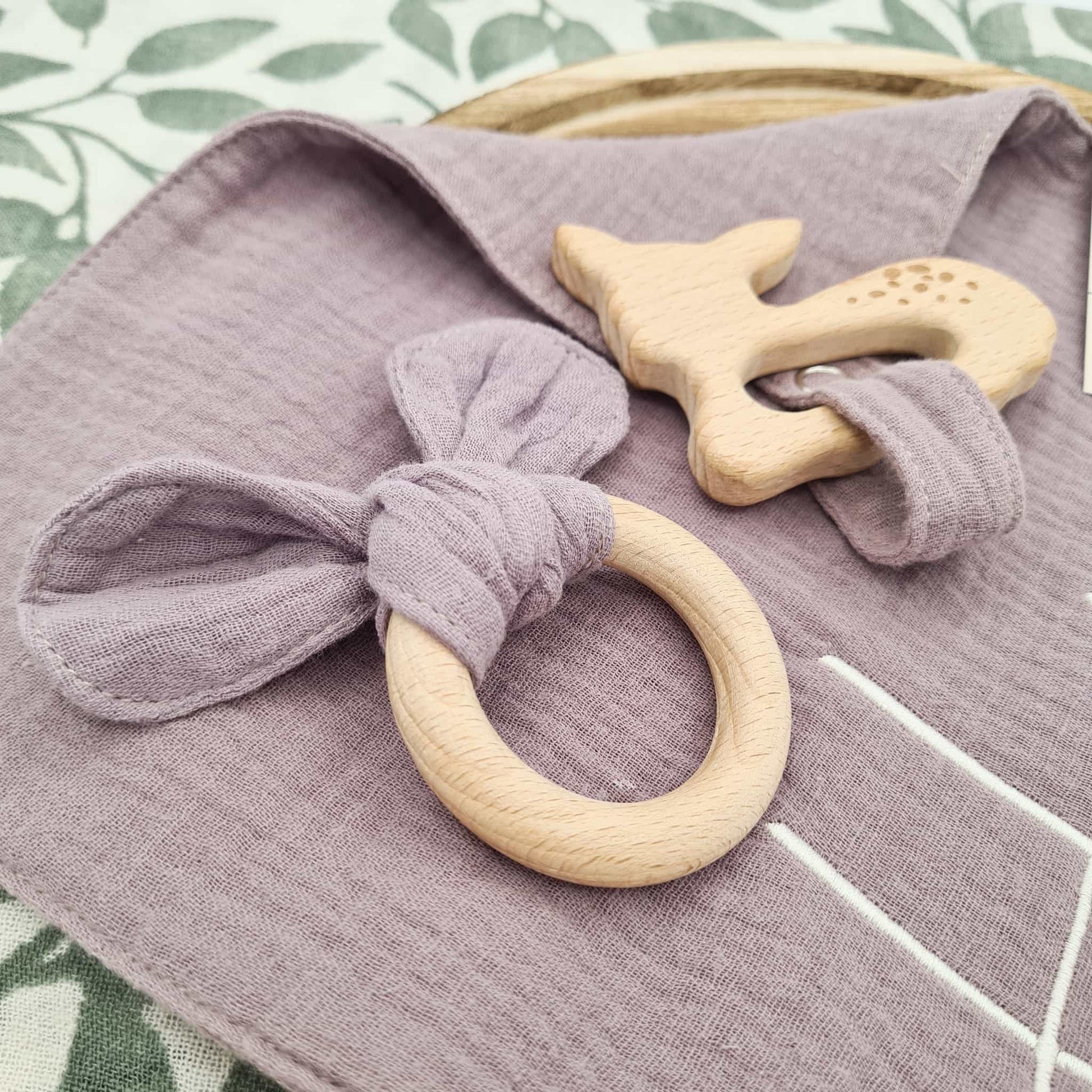 Personalised Cotton Comforter with Teething Ring Purple Fawn