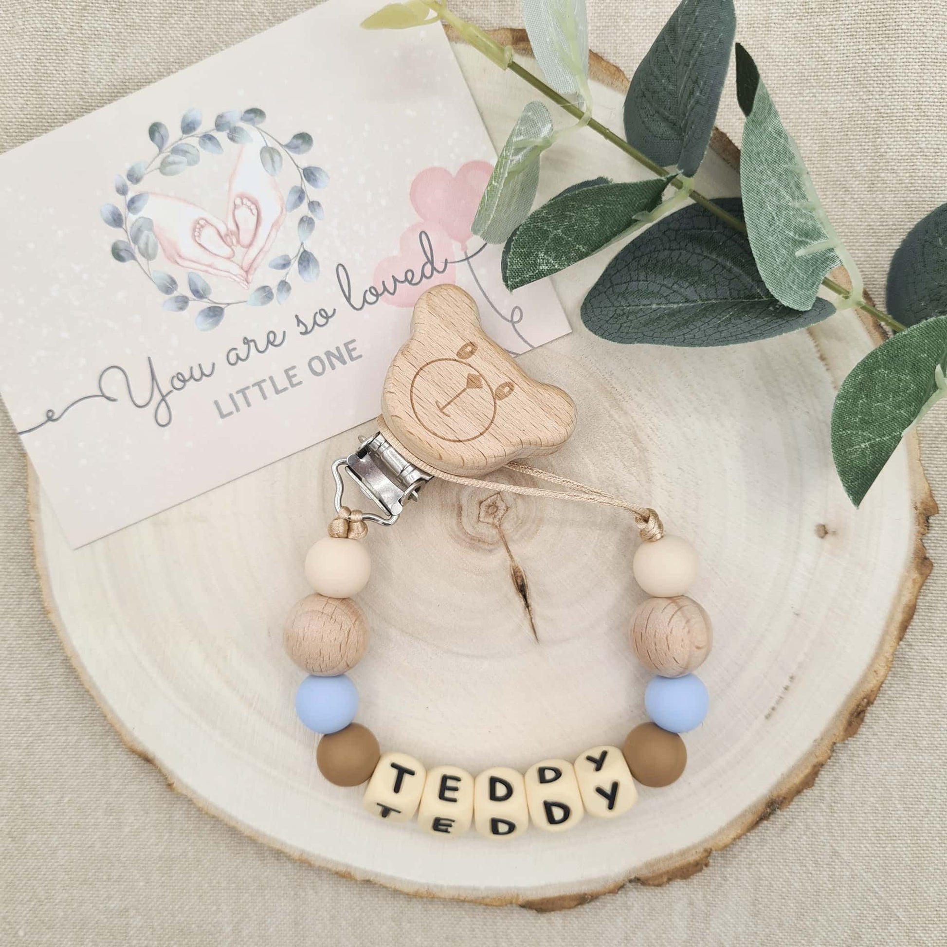 Personalised Dummy Clip Teddy Bear Blue